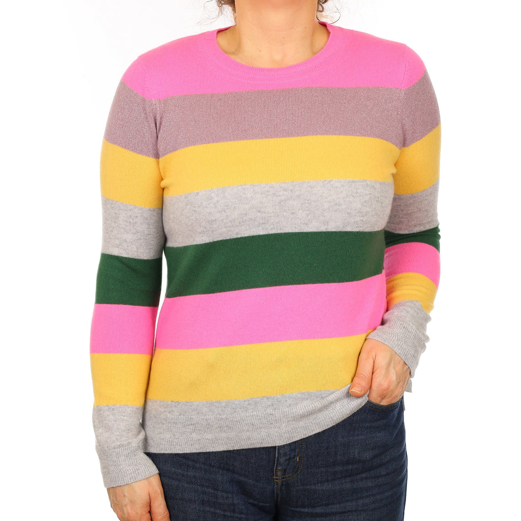 Brand New Neon Multicolour Stripe Cashmere Crew Neck Jumper Medium