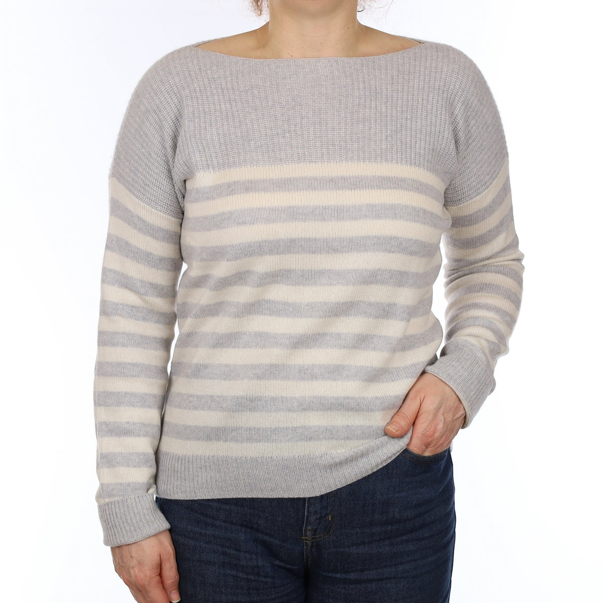 The White Company Grey Stripe Cashmere Boat Neck Jumper Medium