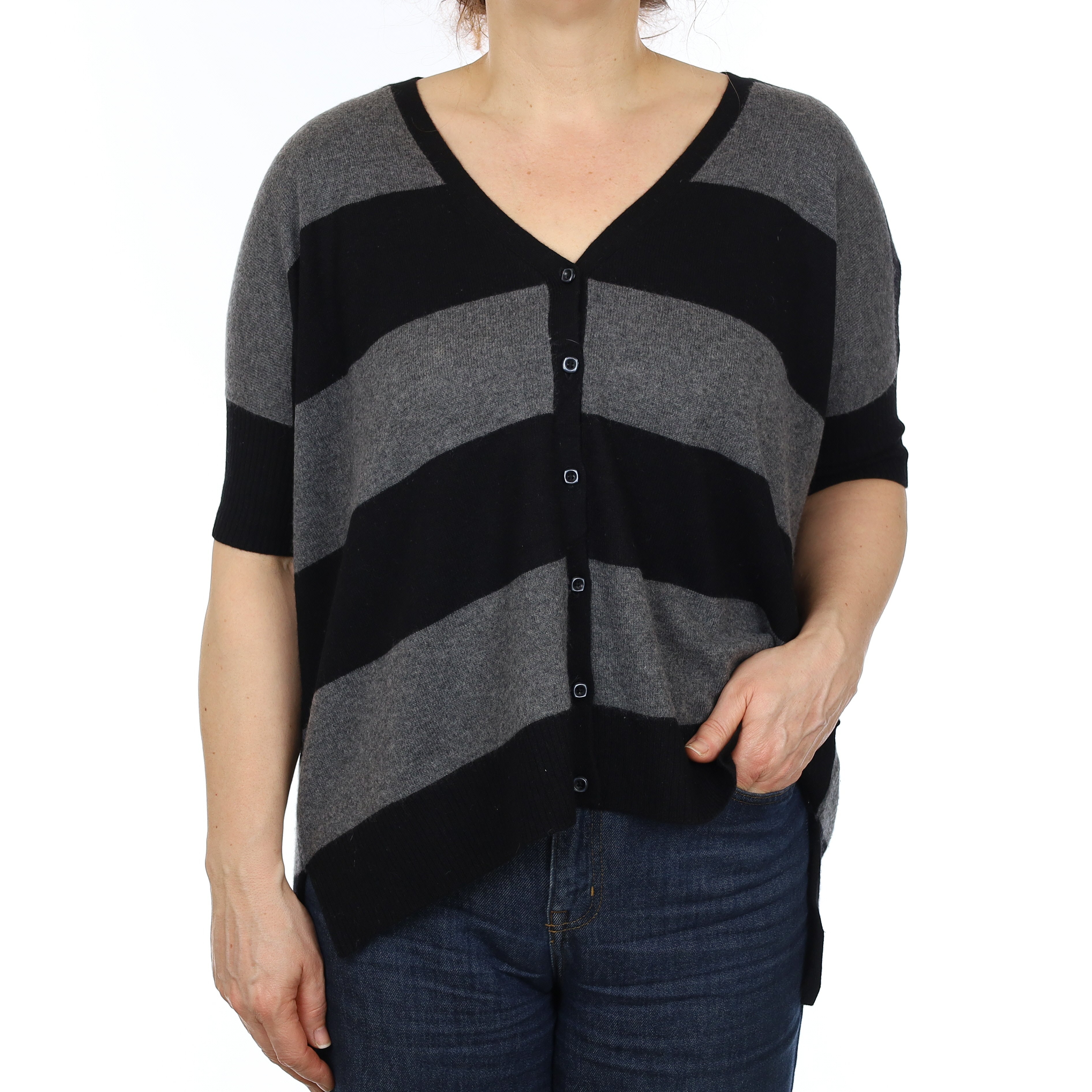 Grey and Black Stripe Cashmere Slouchy Short Sleeve Cardigan Medium