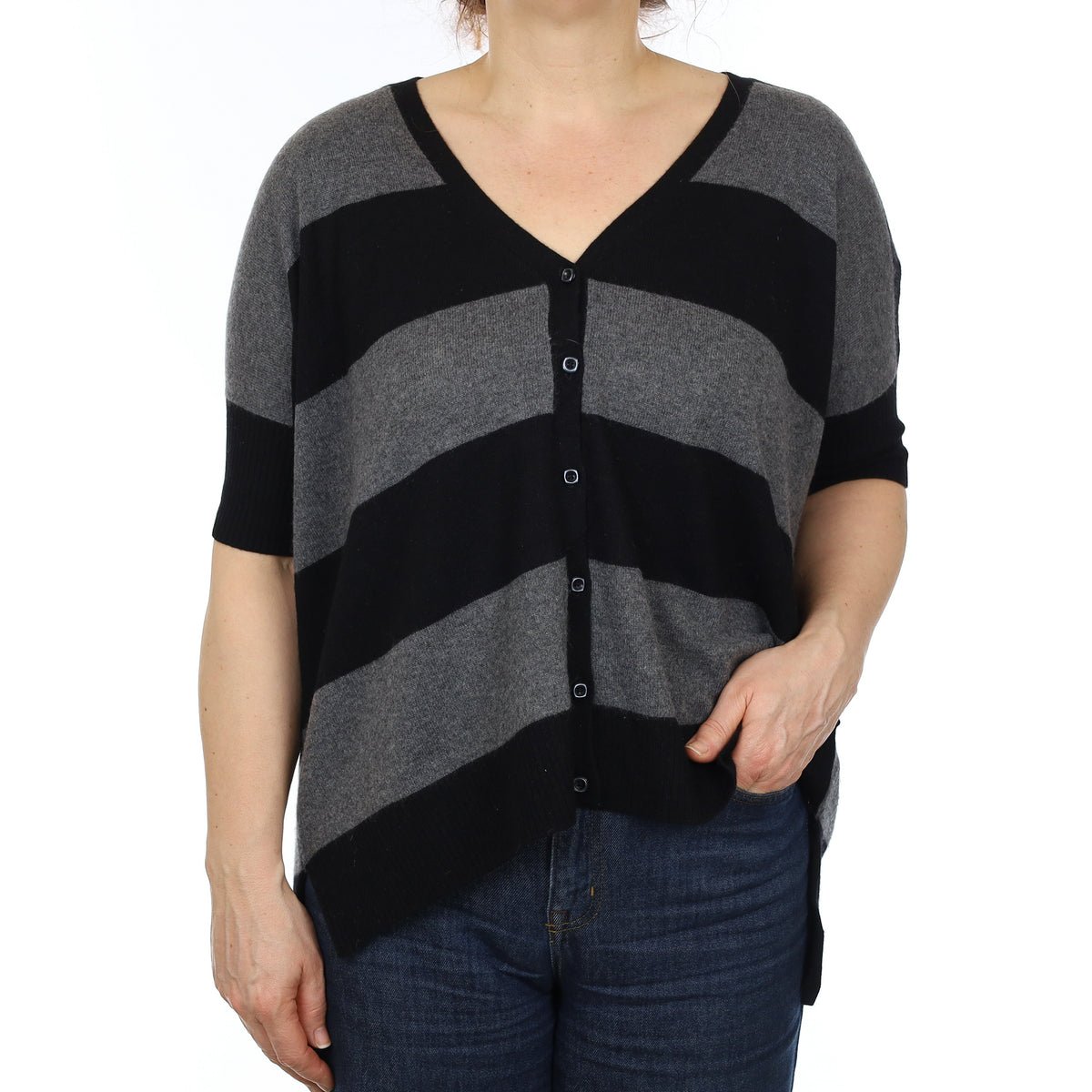Grey and Black Stripe Cashmere Slouchy Short Sleeve Cardigan Medium