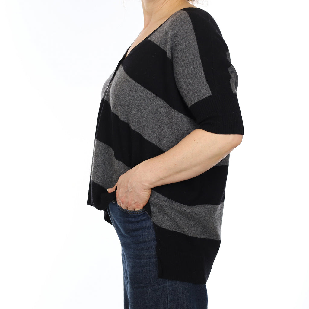 Grey and Black Stripe Cashmere Slouchy Short Sleeve Cardigan Medium