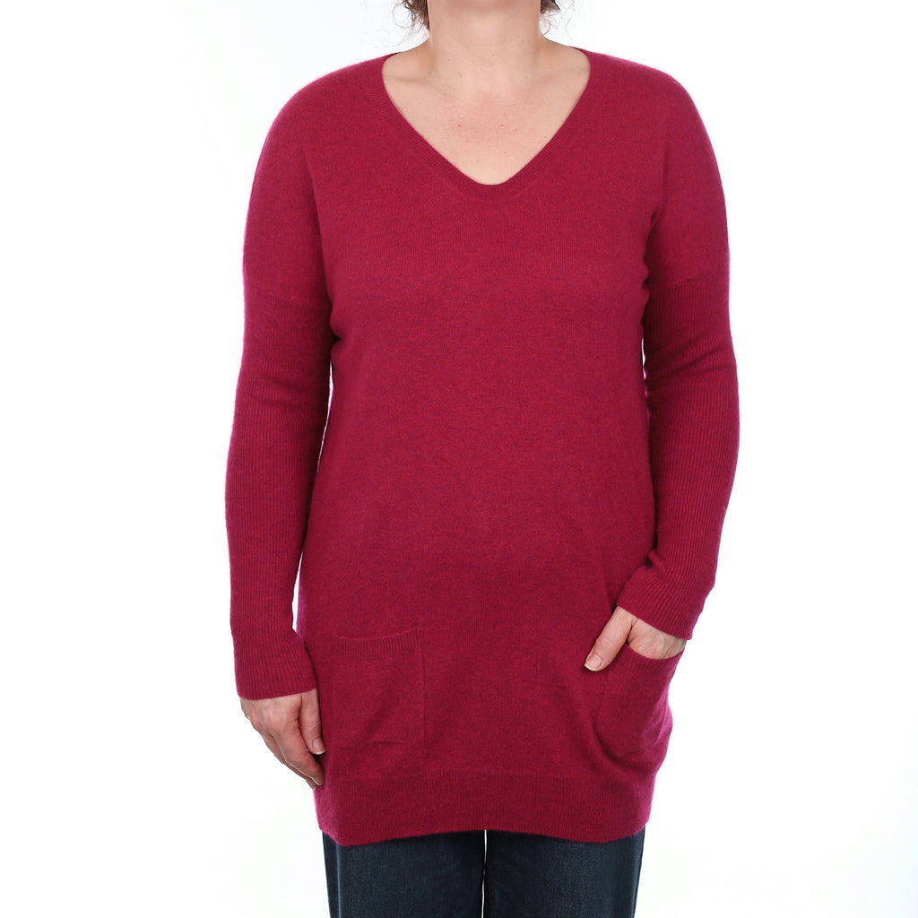 Crimson Red Cashmere Longline V Neck Jumper with Pockets Medium