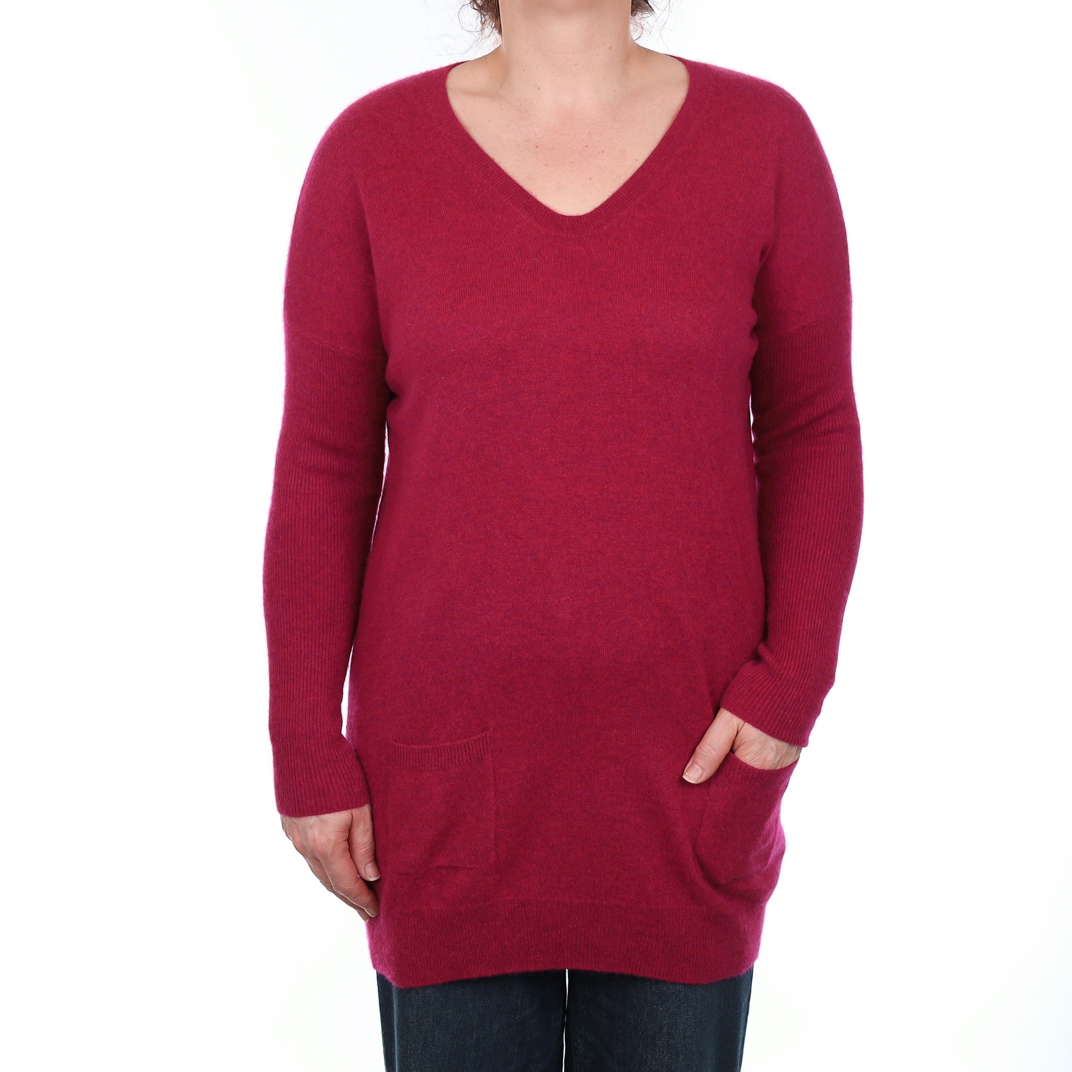 Crimson Red Cashmere Longline V Neck Jumper with Pockets Medium