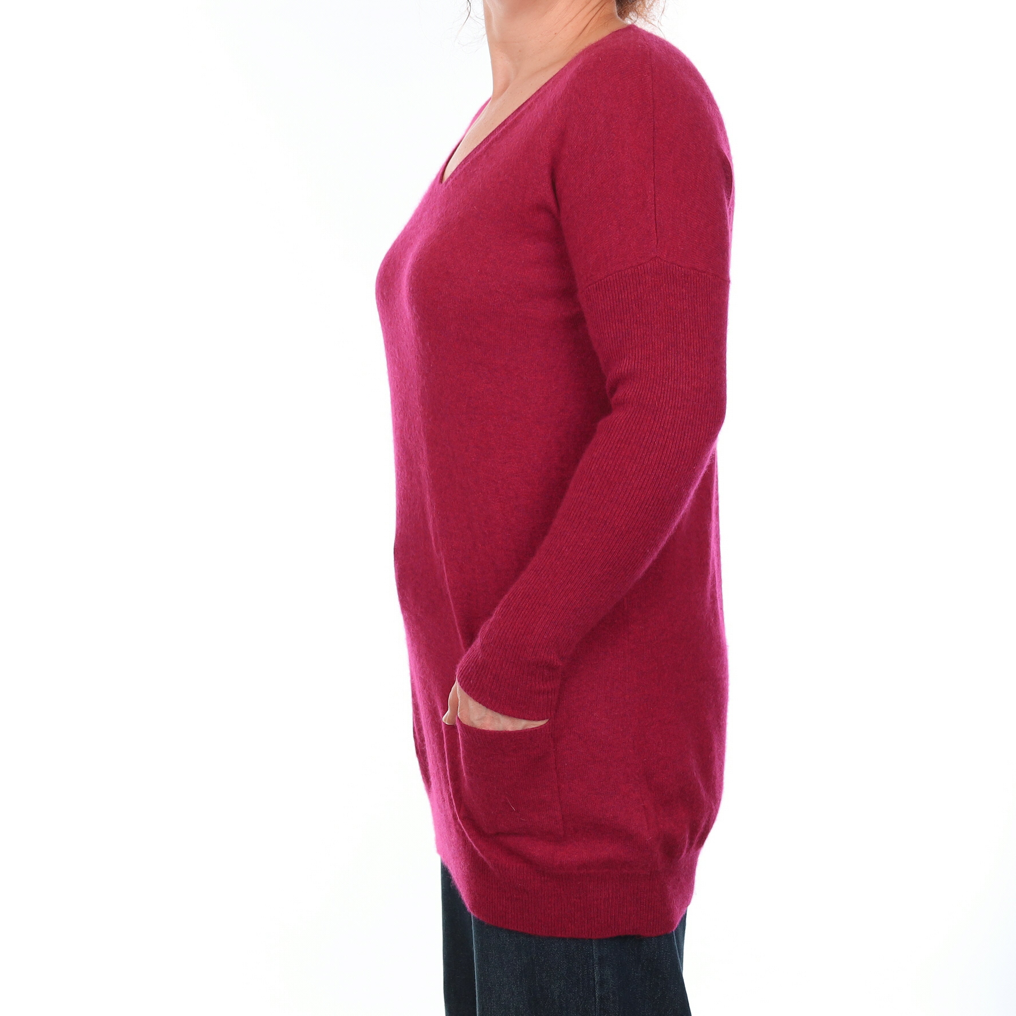 Crimson Red Cashmere Longline V Neck Jumper with Pockets Medium