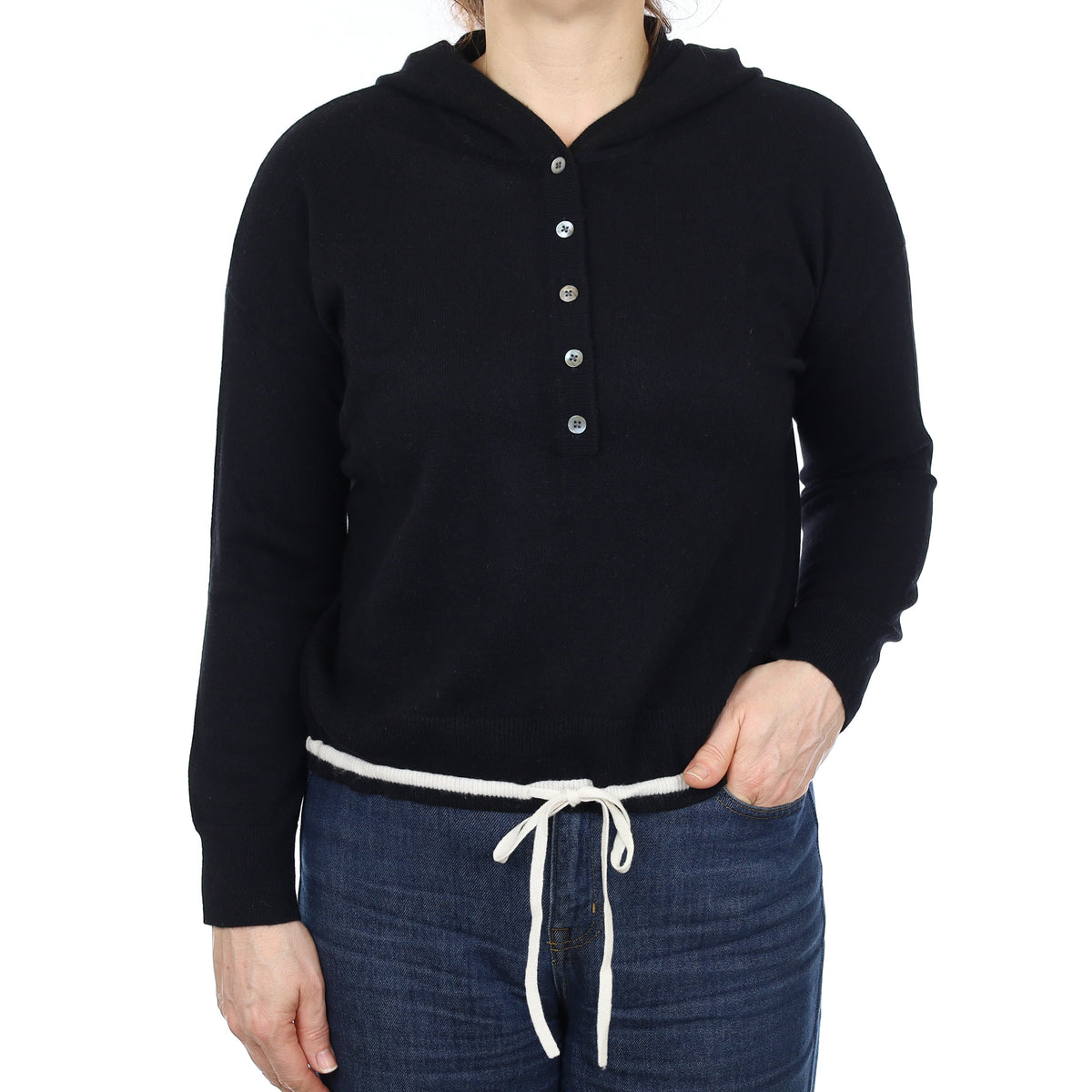 The White Company Black Cashmere Buttoned Hoodie Jumper Medium
