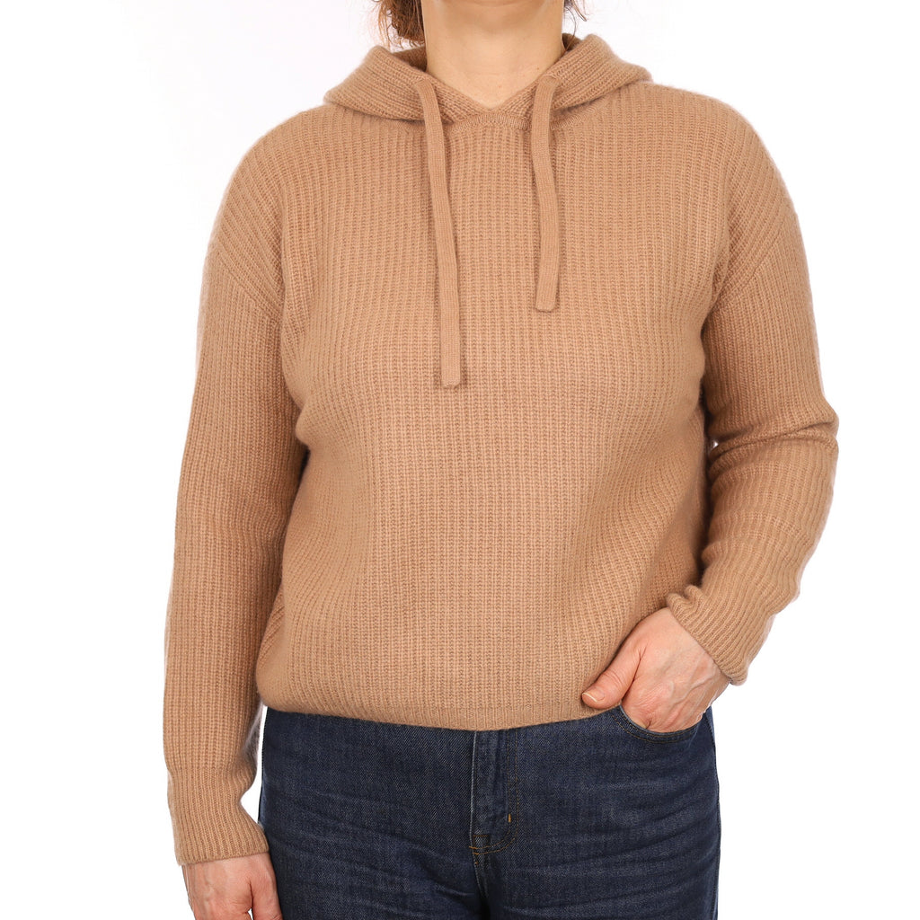 Caramel Brown Chunky Rib Cashmere Hoodie Jumper Medium
