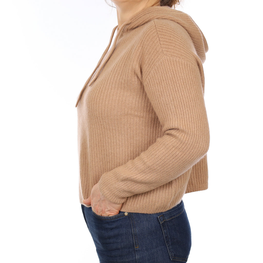 Caramel Brown Chunky Rib Cashmere Hoodie Jumper Medium