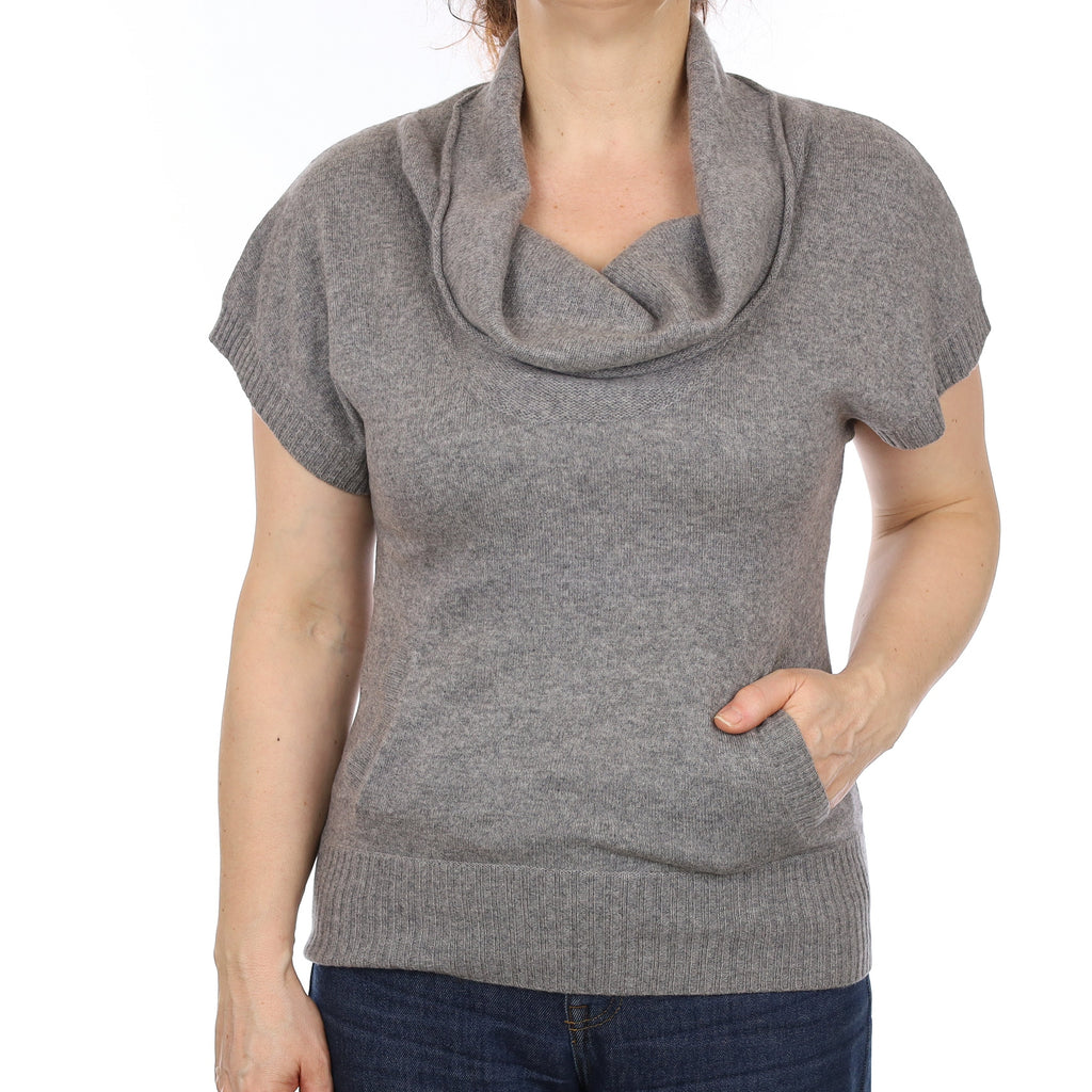 Ash Grey Cashmere Cowl Neck T-Shirt with Pocket Medium