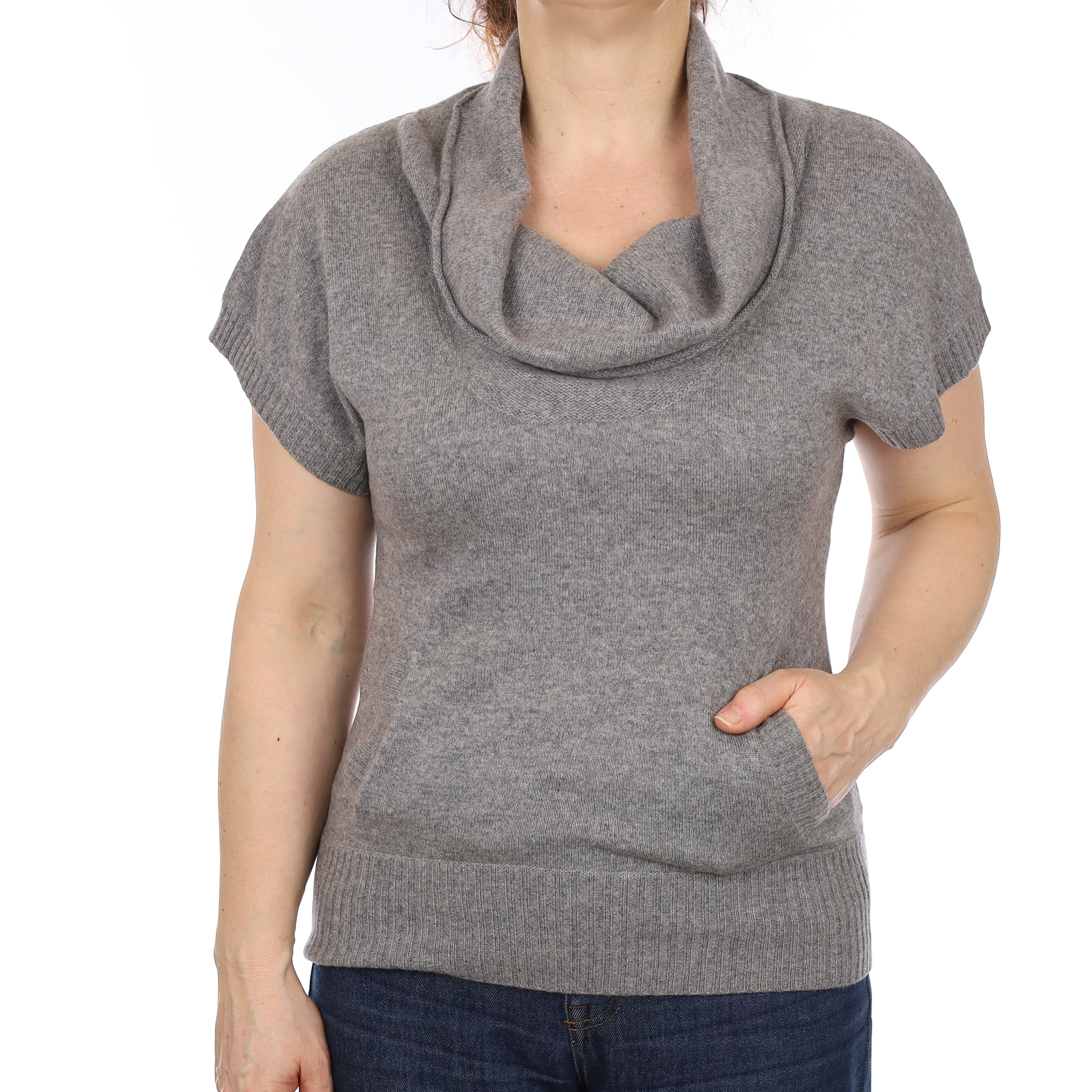Ash Grey Cashmere Cowl Neck T-Shirt with Pocket Medium