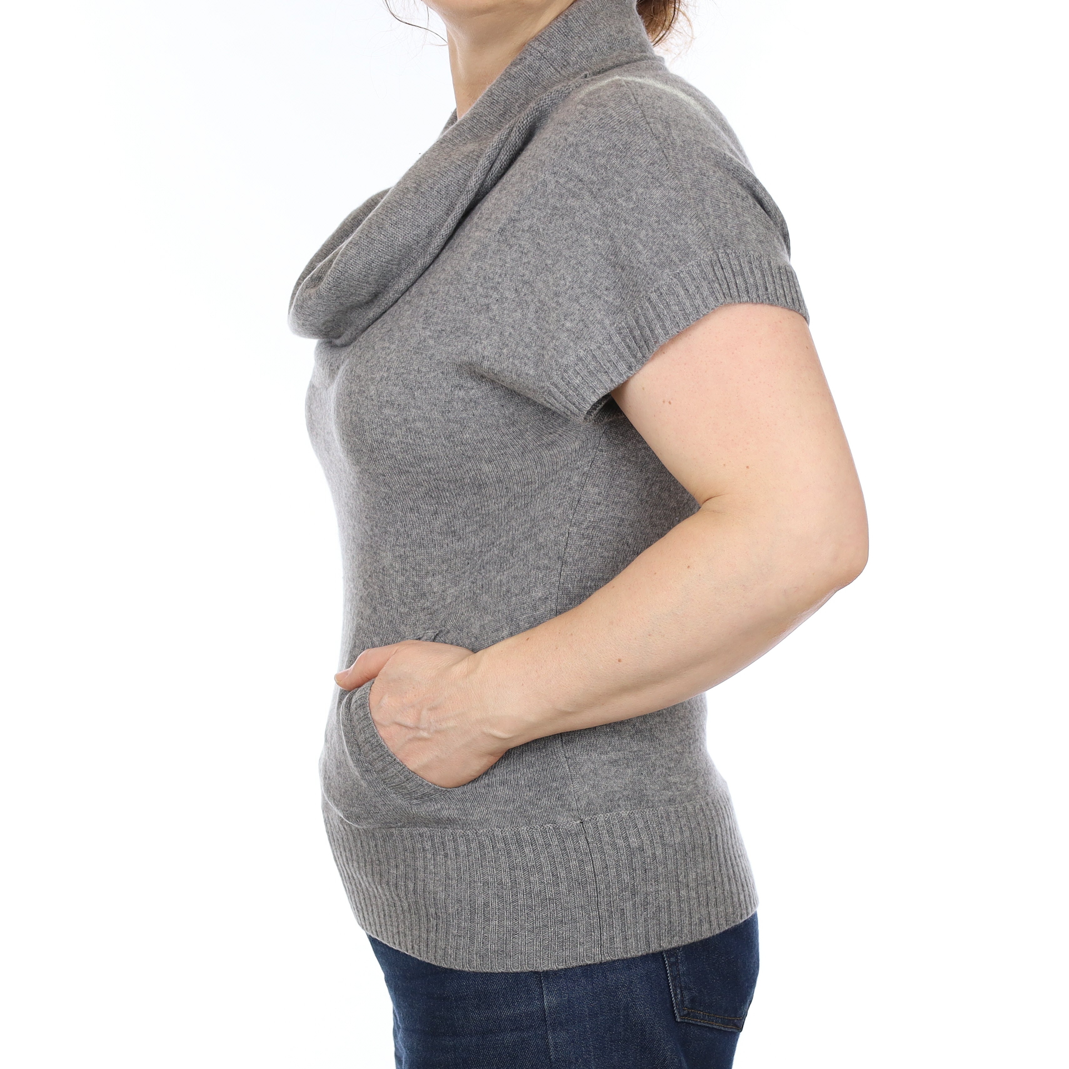 Ash Grey Cashmere Cowl Neck T-Shirt with Pocket Medium