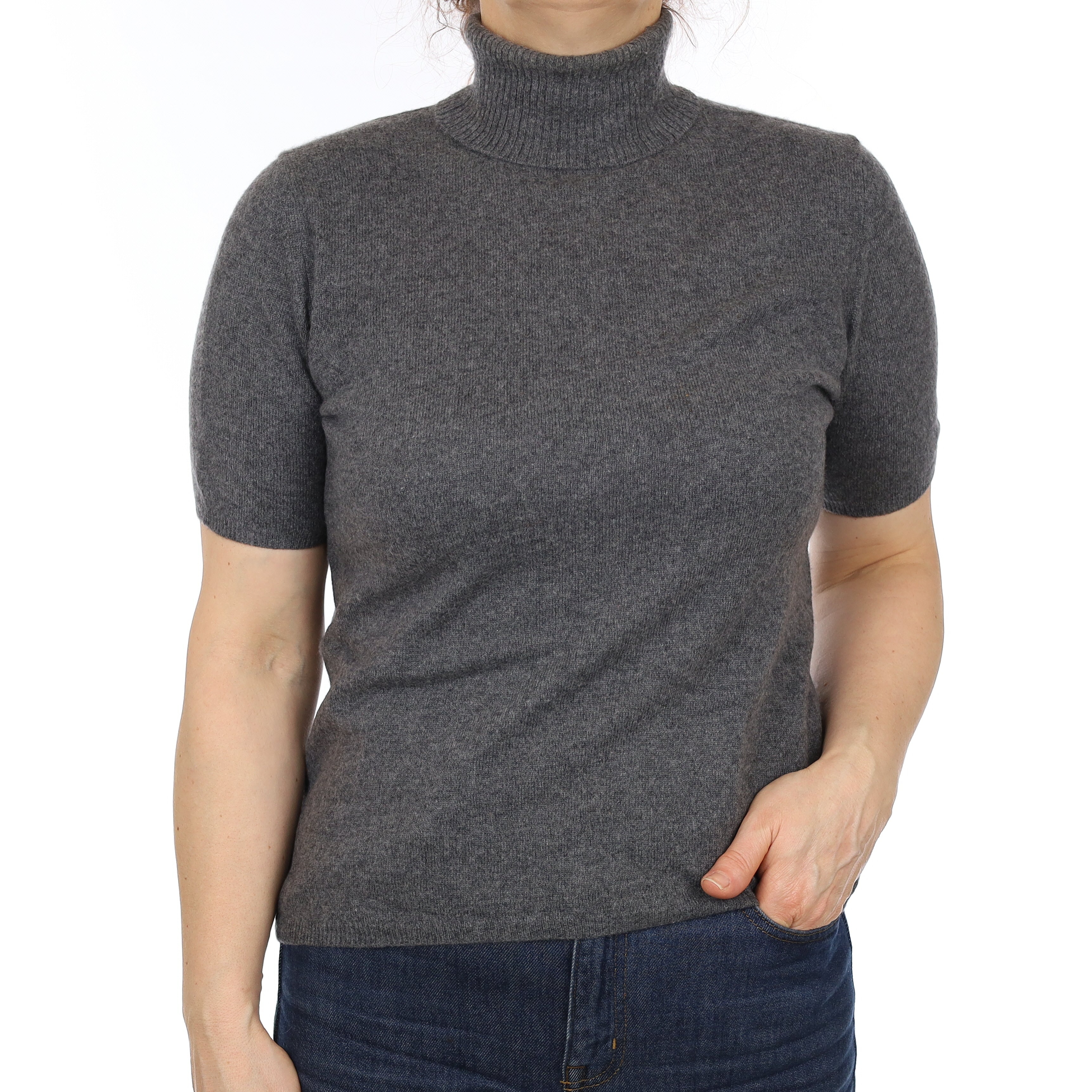 Slate Grey Cashmere Polo Neck T-Shirt Medium
