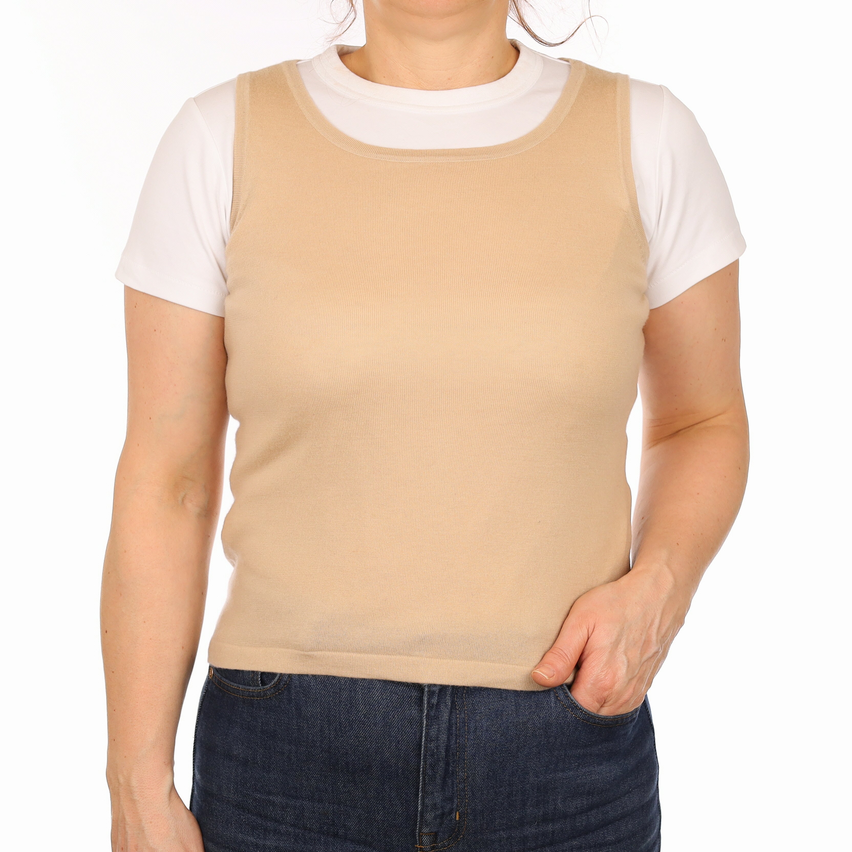 Beige Fine Woven Cashmere Crew Neck Tank Top Medium