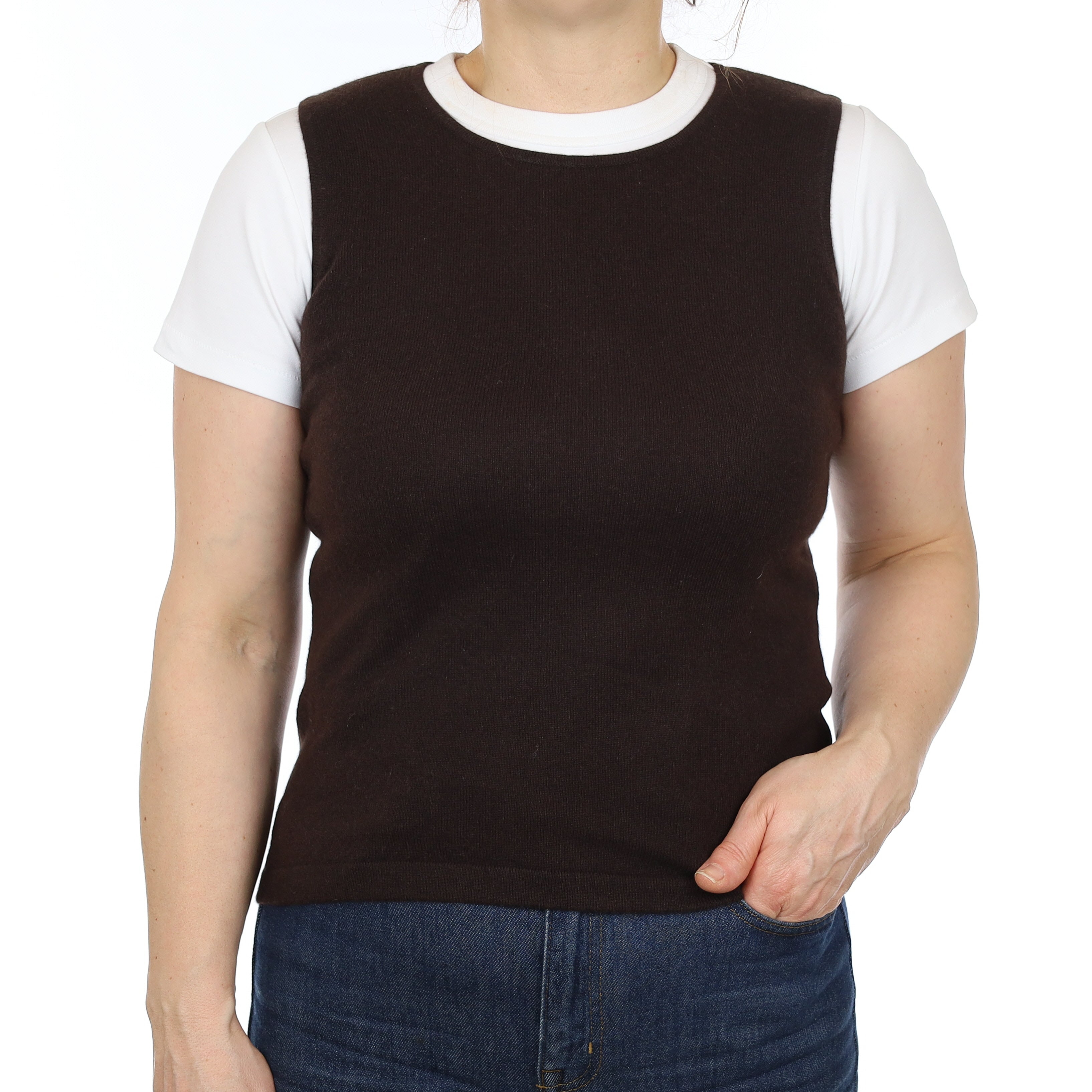 Dark Chocolate Cashmere Crew Neck Tank Top Medium