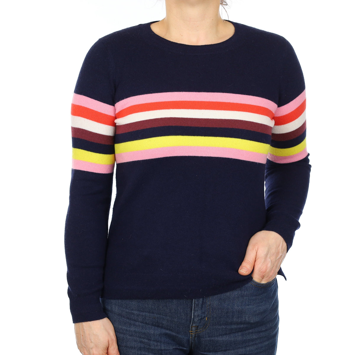 Brand New Navy Colourful Stripe Cashmere Crew Neck Jumper Medium