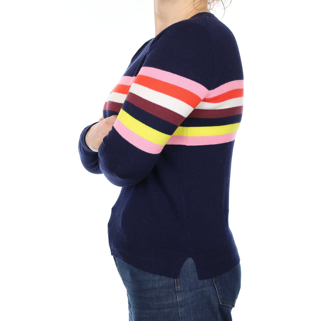 Brand New Navy Colourful Stripe Cashmere Crew Neck Jumper Medium