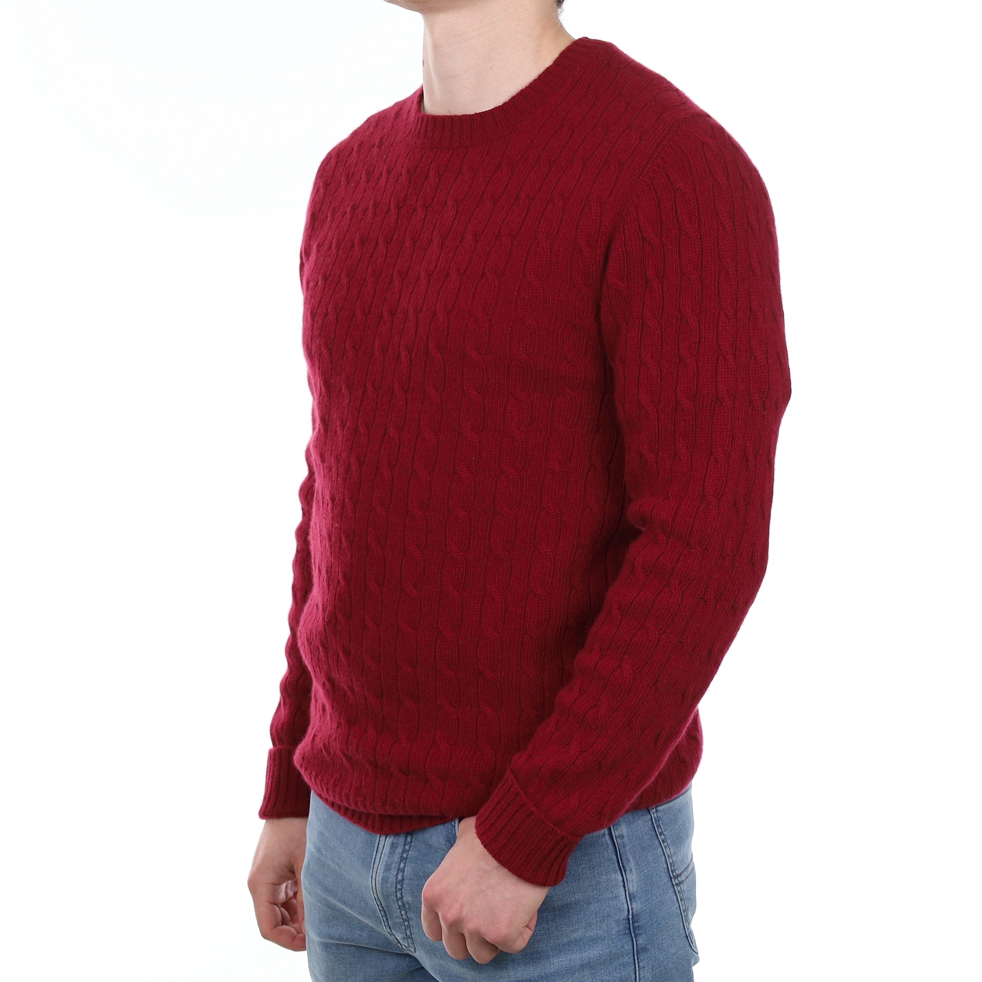 Men's Brand New Scottish Burgundy Red Cable Cashmere Crew Neck Jumper Small
