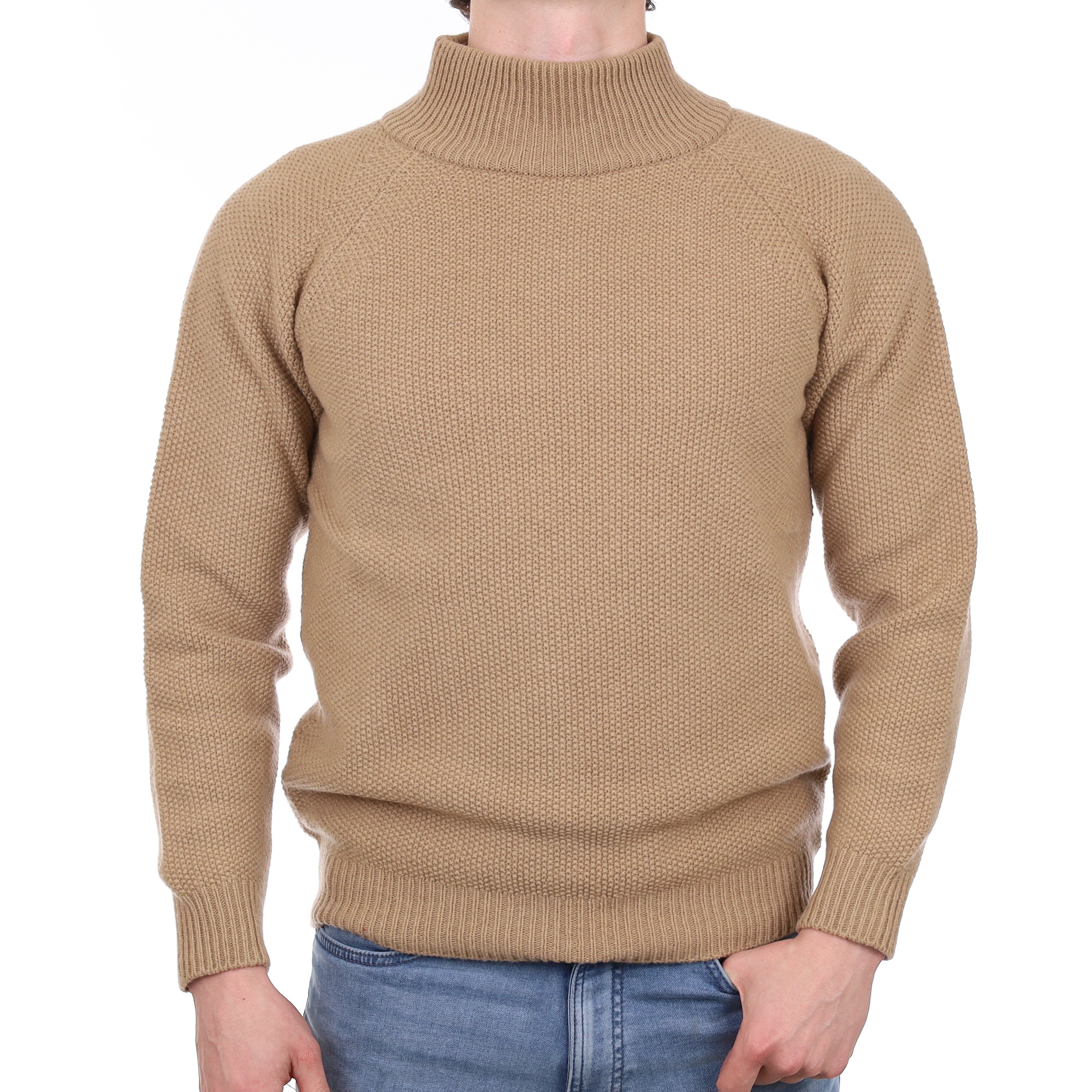 Men's Brand New Scottish Camel Brown Textured Cashmere Turtle Neck Jumper Small