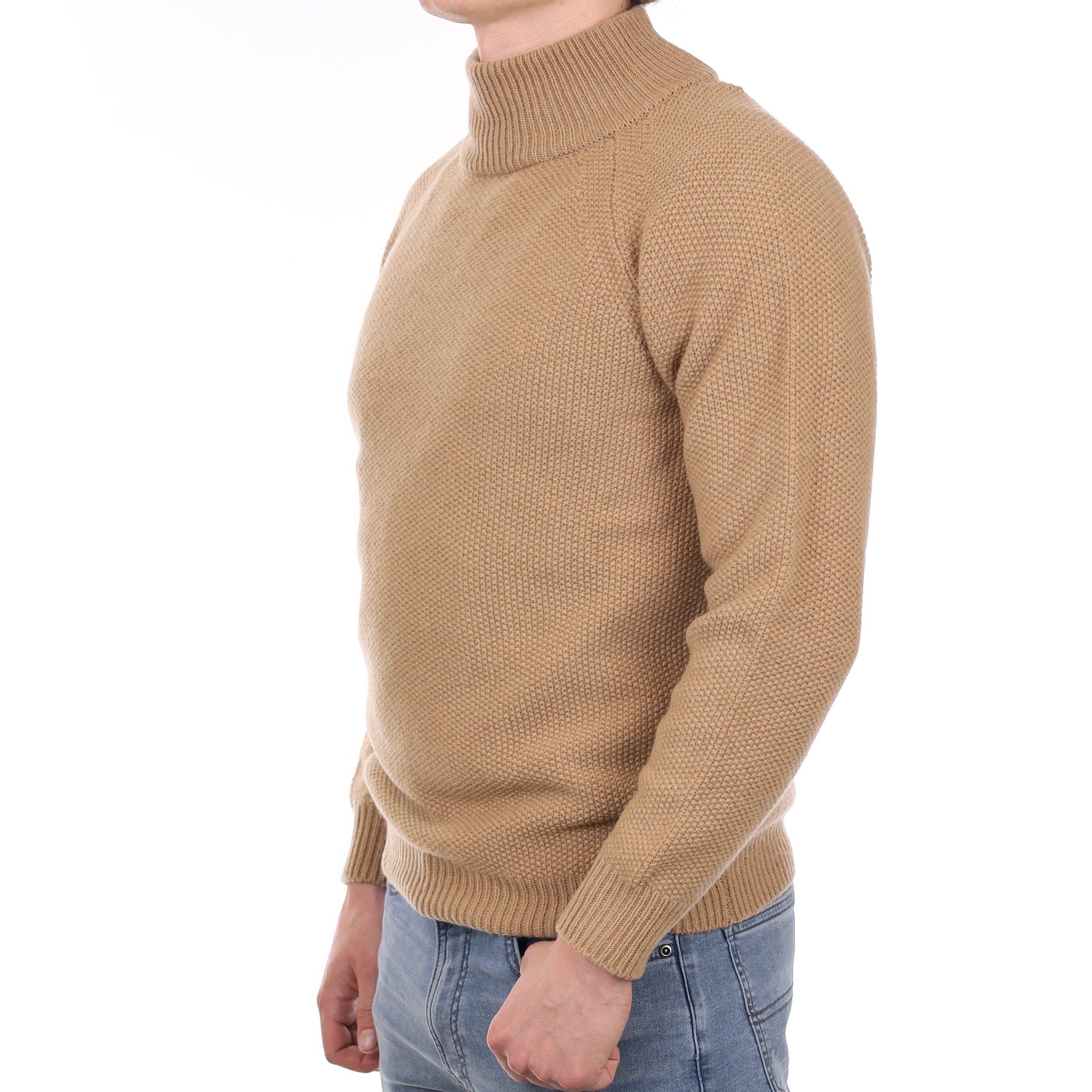 Men's Brand New Scottish Camel Brown Textured Cashmere Turtle Neck Jumper Small