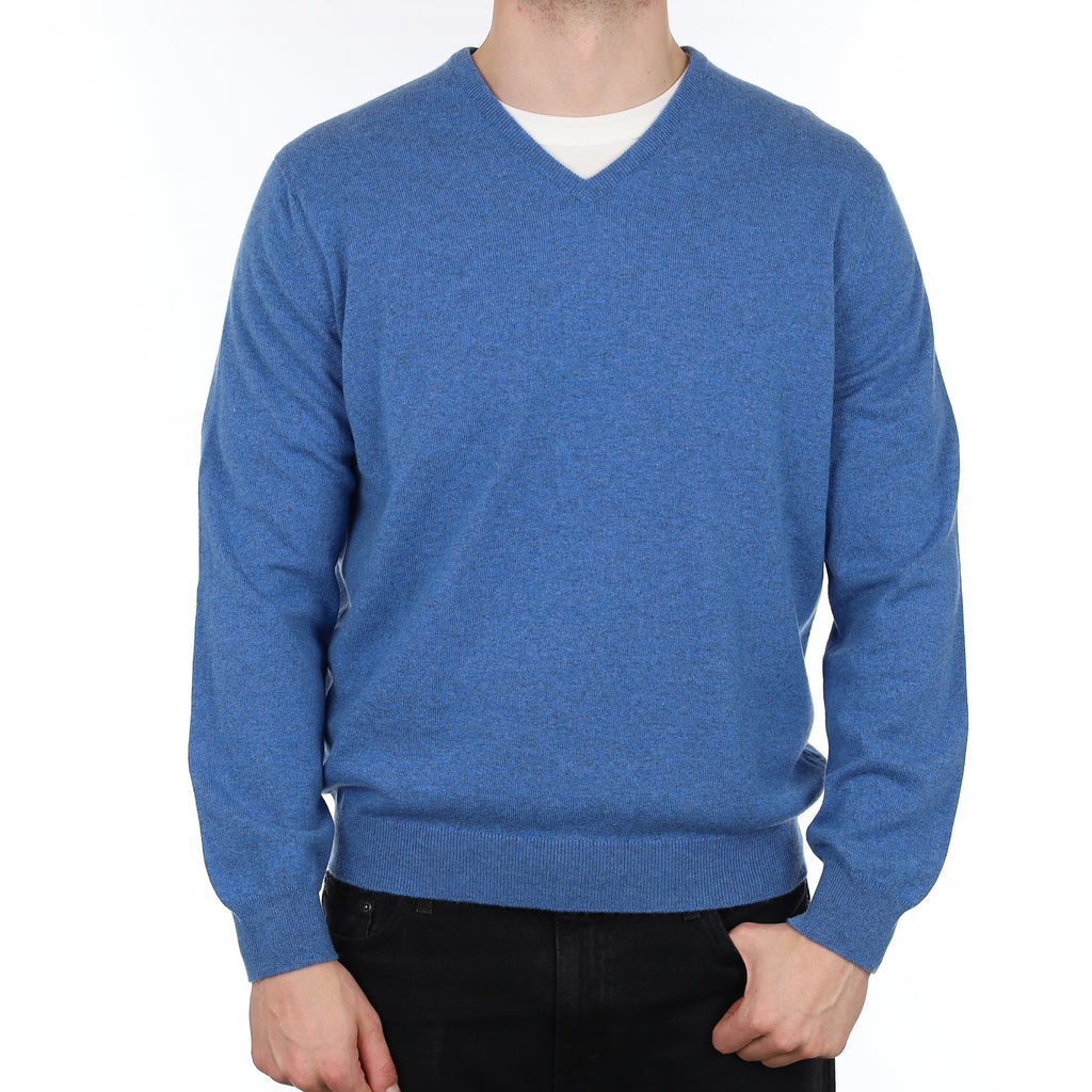 Men's Brand New Scottish Alex Begg Tanzanite Blue Cashmere V Neck Jumper XL