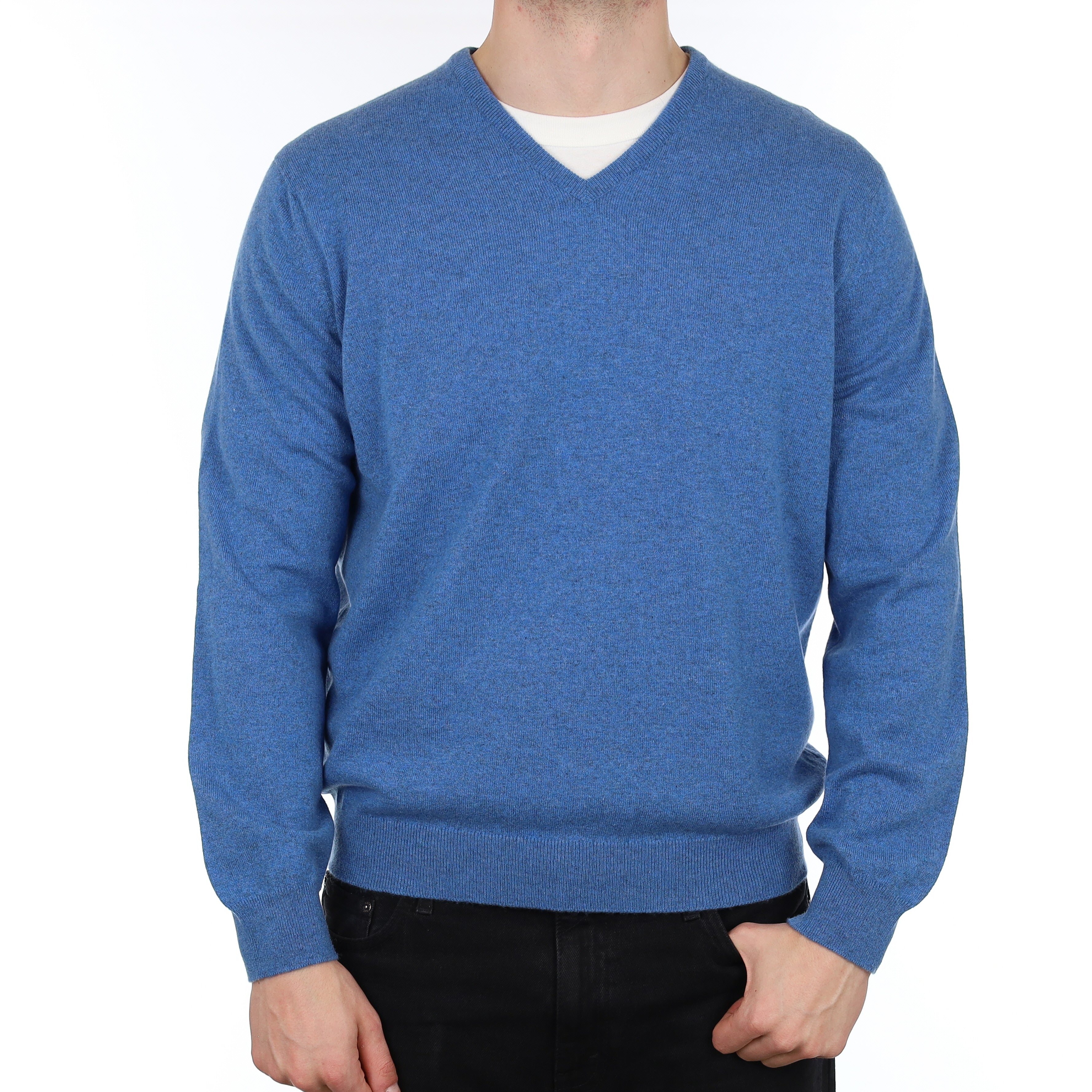 Men's Brand New Scottish Alex Begg Tanzanite Blue Cashmere V Neck Jumper XL