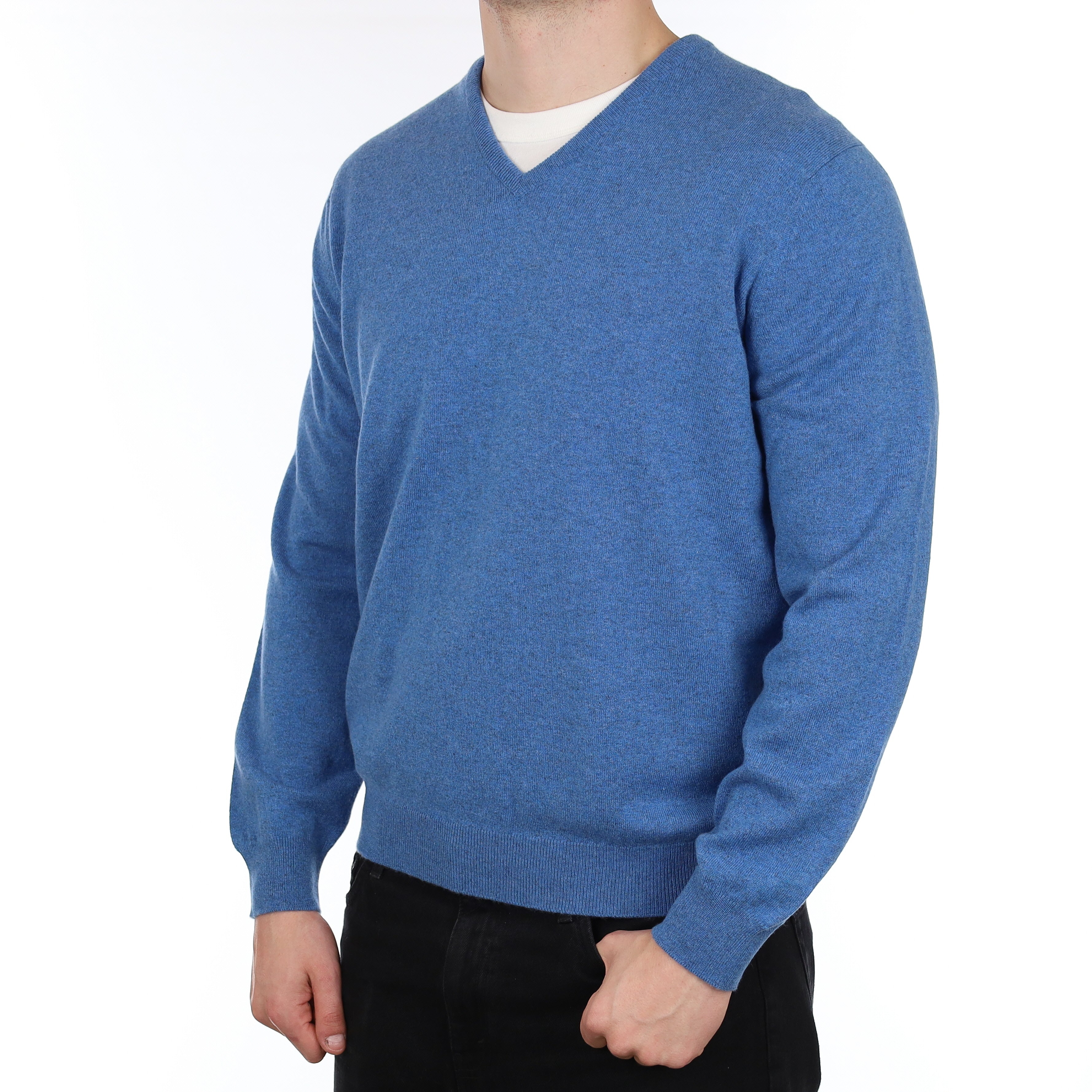 Men's Brand New Scottish Alex Begg Tanzanite Blue Cashmere V Neck Jumper XL