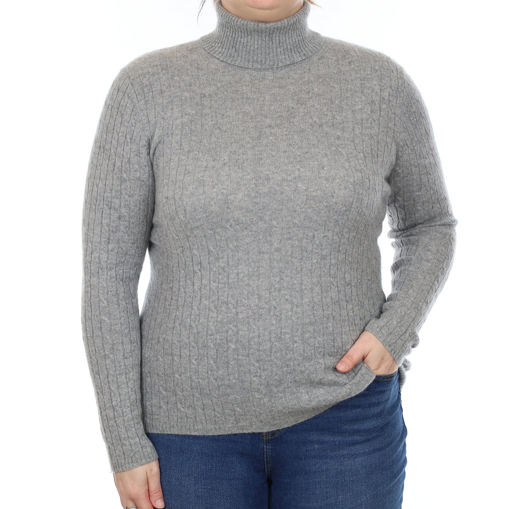 Ash Grey Cable Cashmere Polo Neck Jumper Large