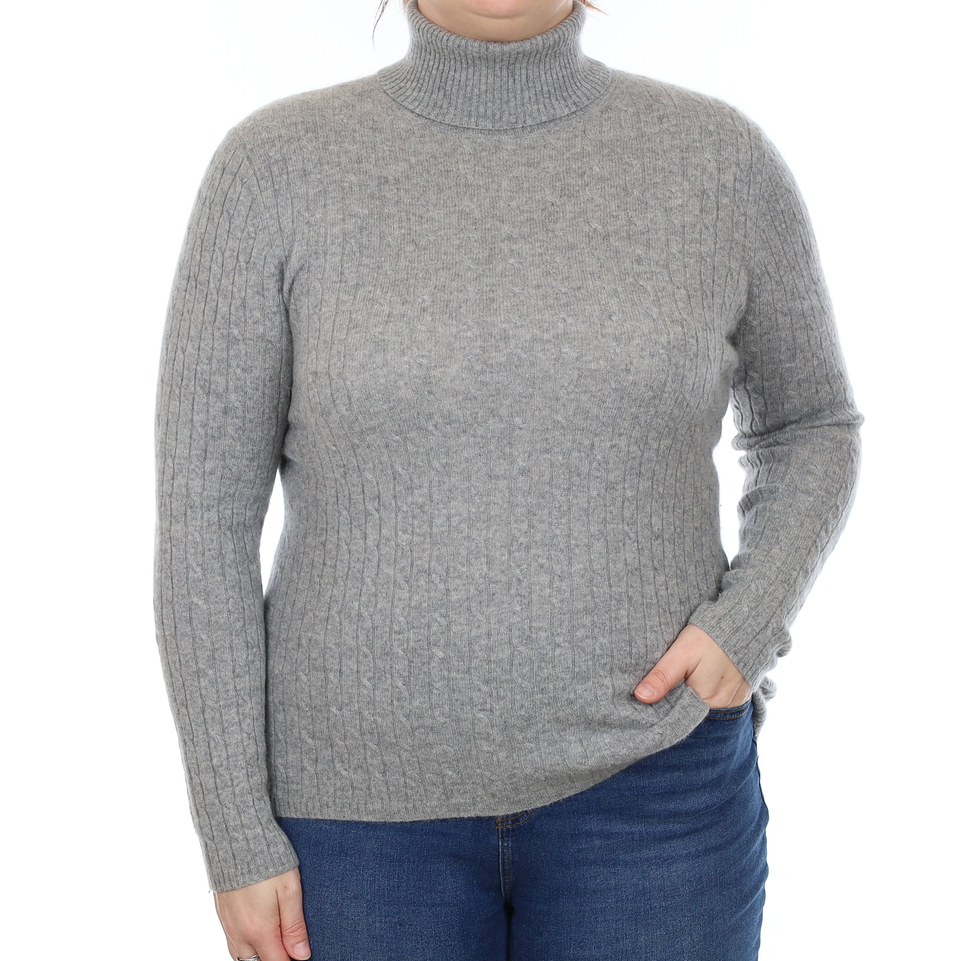 Ash Grey Cable Cashmere Polo Neck Jumper Large