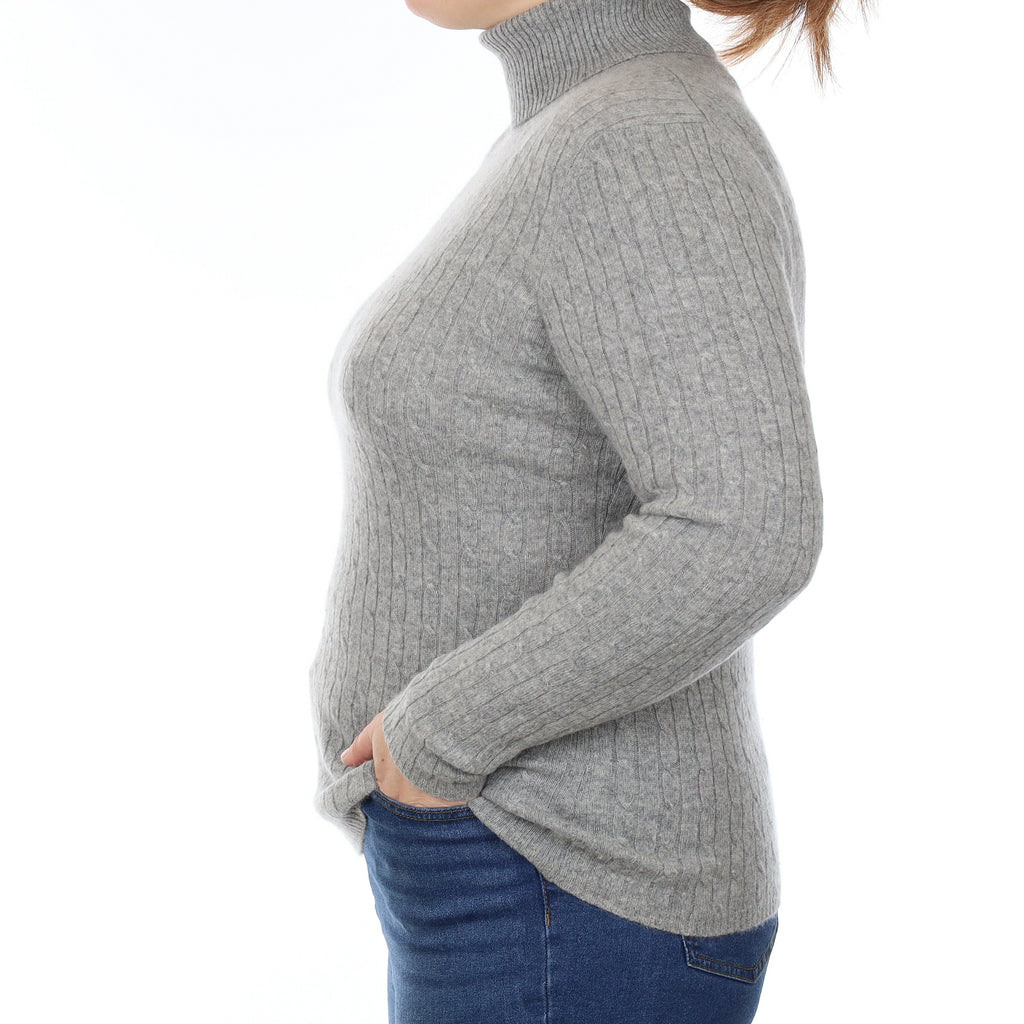 Ash Grey Cable Cashmere Polo Neck Jumper Large