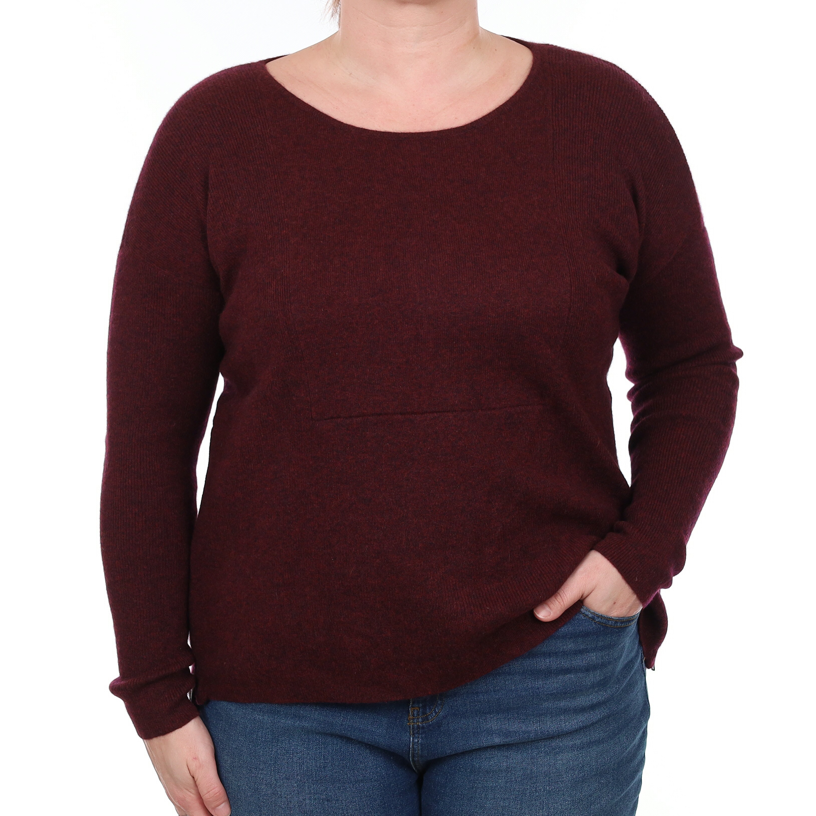 Wine Red Marl Cashmere Zip Detail Crew Neck Jumper Large