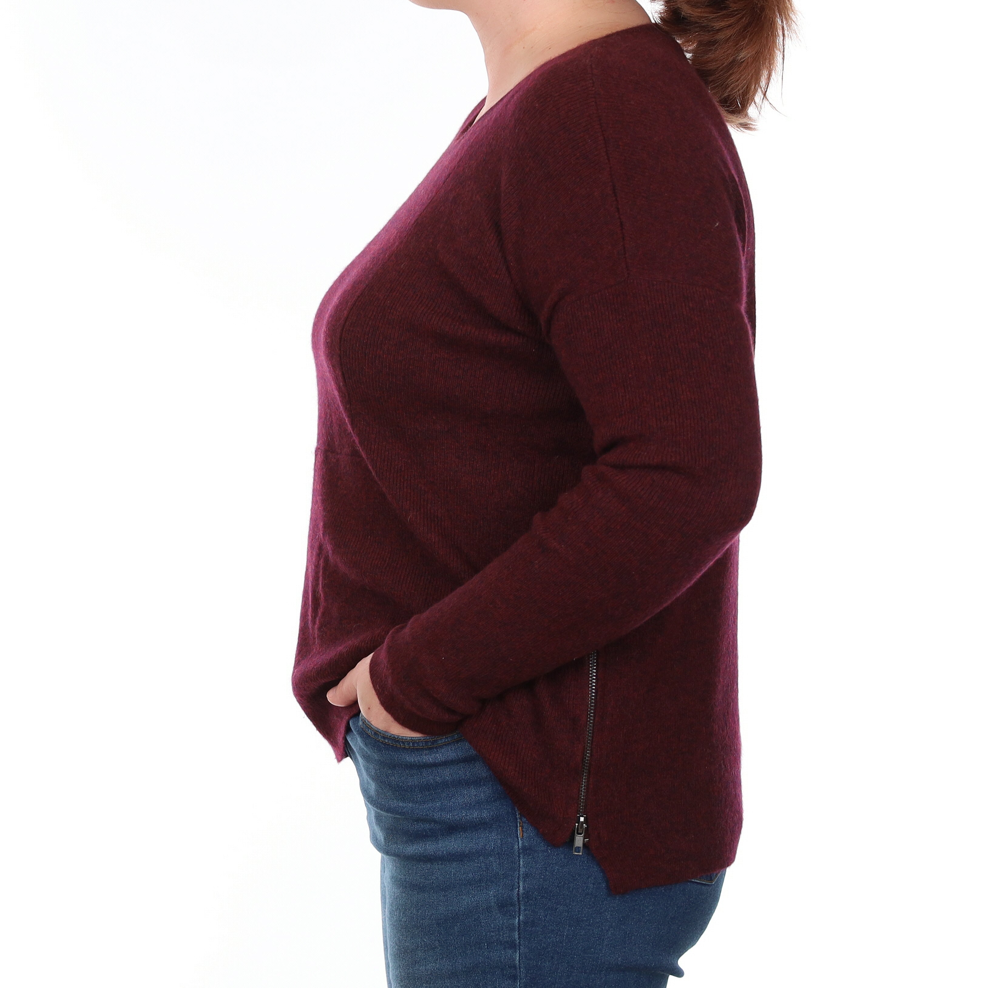 Wine Red Marl Cashmere Zip Detail Crew Neck Jumper Large