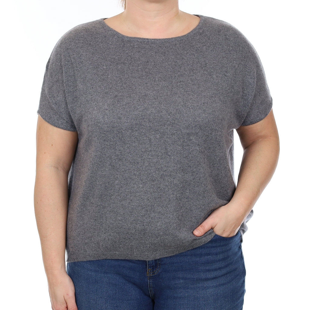 Slate Grey Cashmere Short Batwing Sleeve Boat Neck Jumper Large