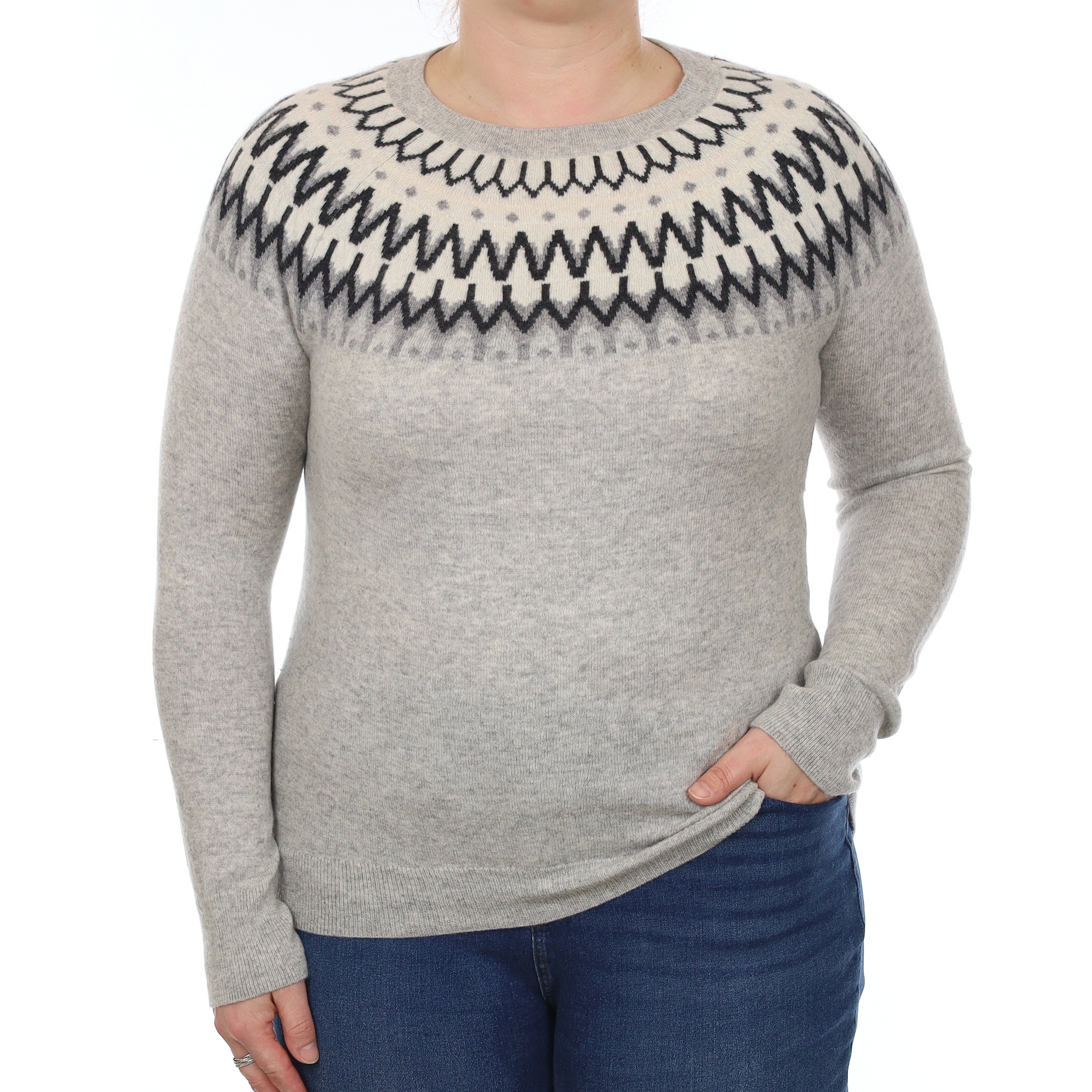 Grey Fair Isle Cashmere Crew Neck Jumper Large