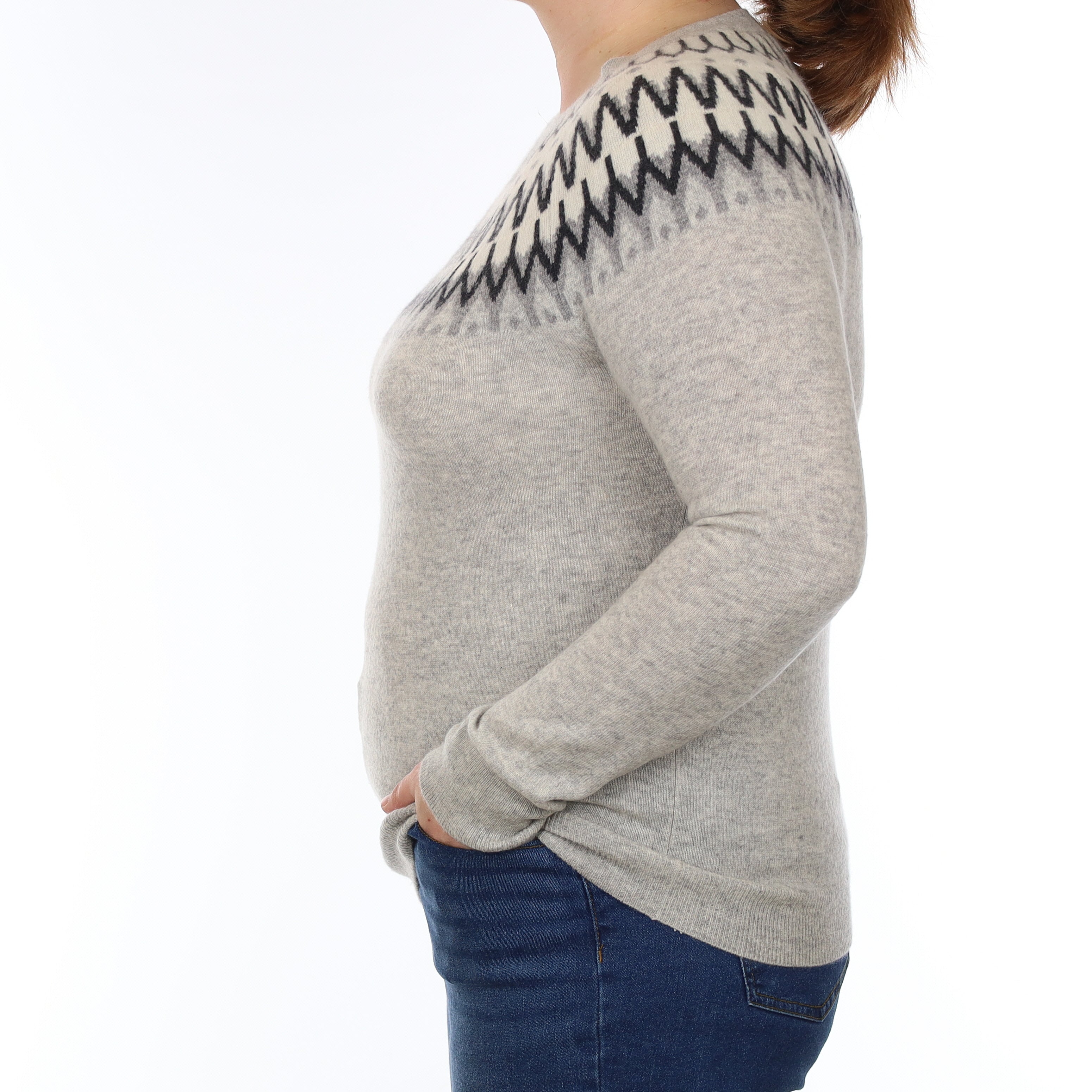 Grey Fair Isle Cashmere Crew Neck Jumper Large