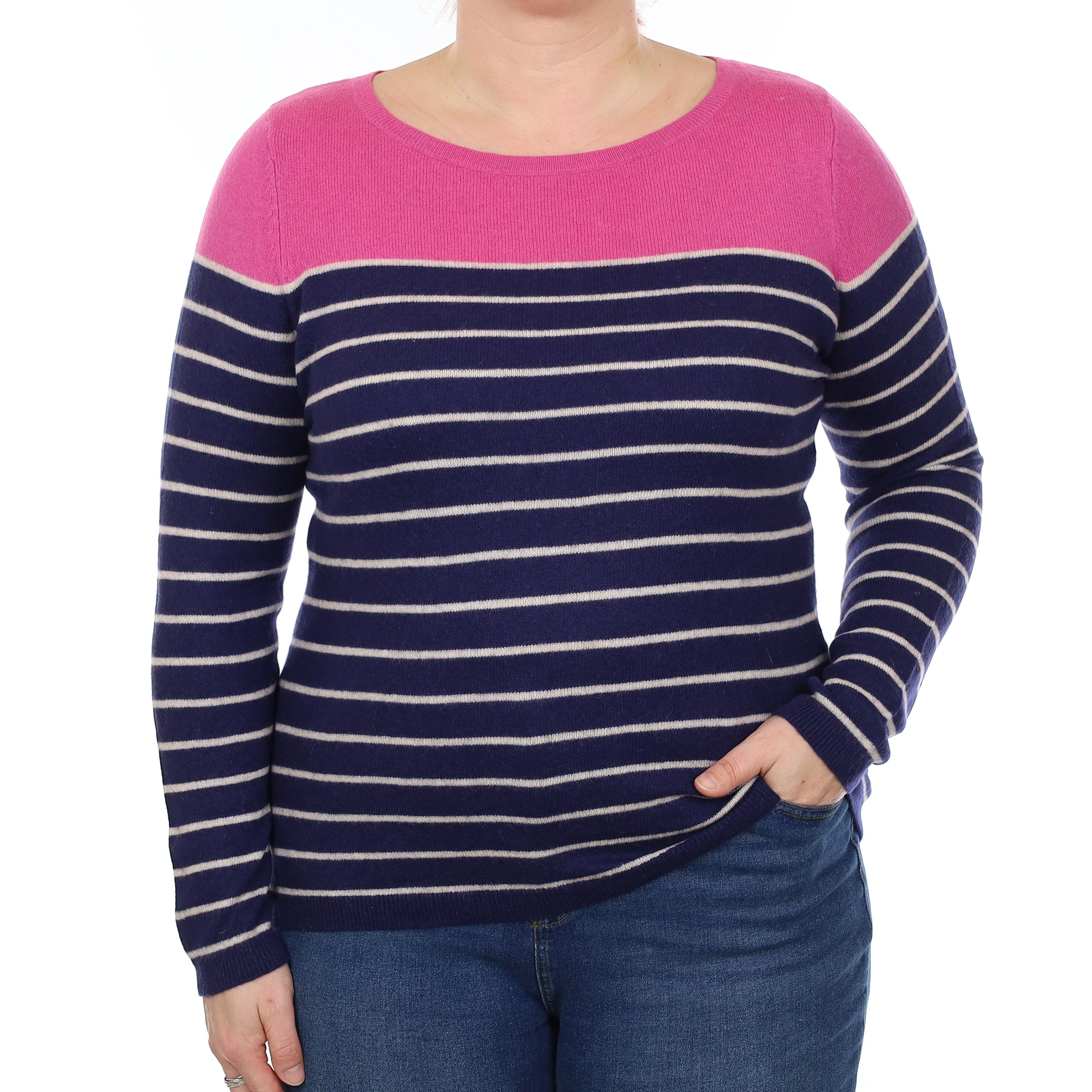 Pink Navy and Ivory Stripe Cashmere Crew Neck Jumper Large