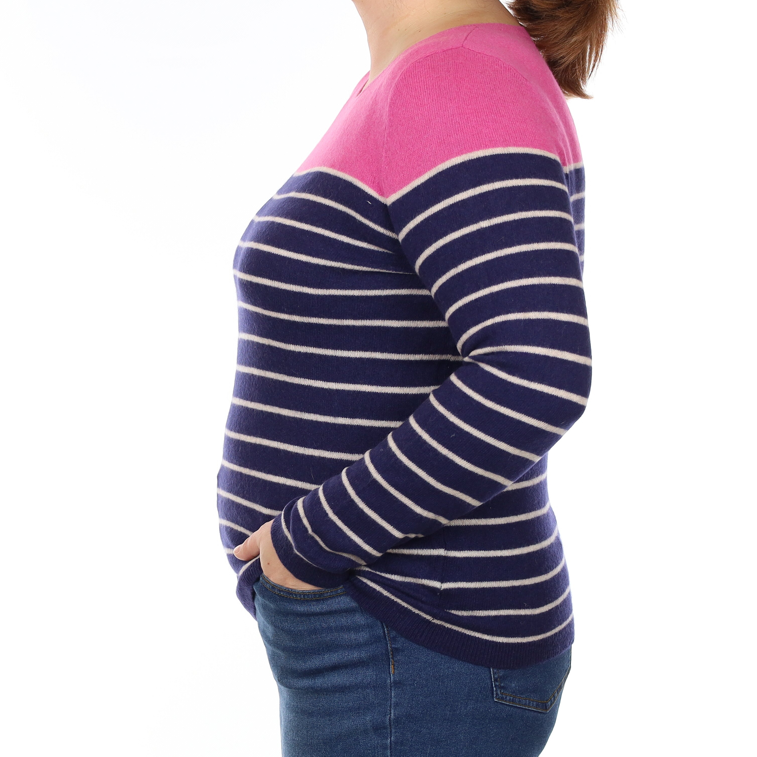 Pink Navy and Ivory Stripe Cashmere Crew Neck Jumper Large
