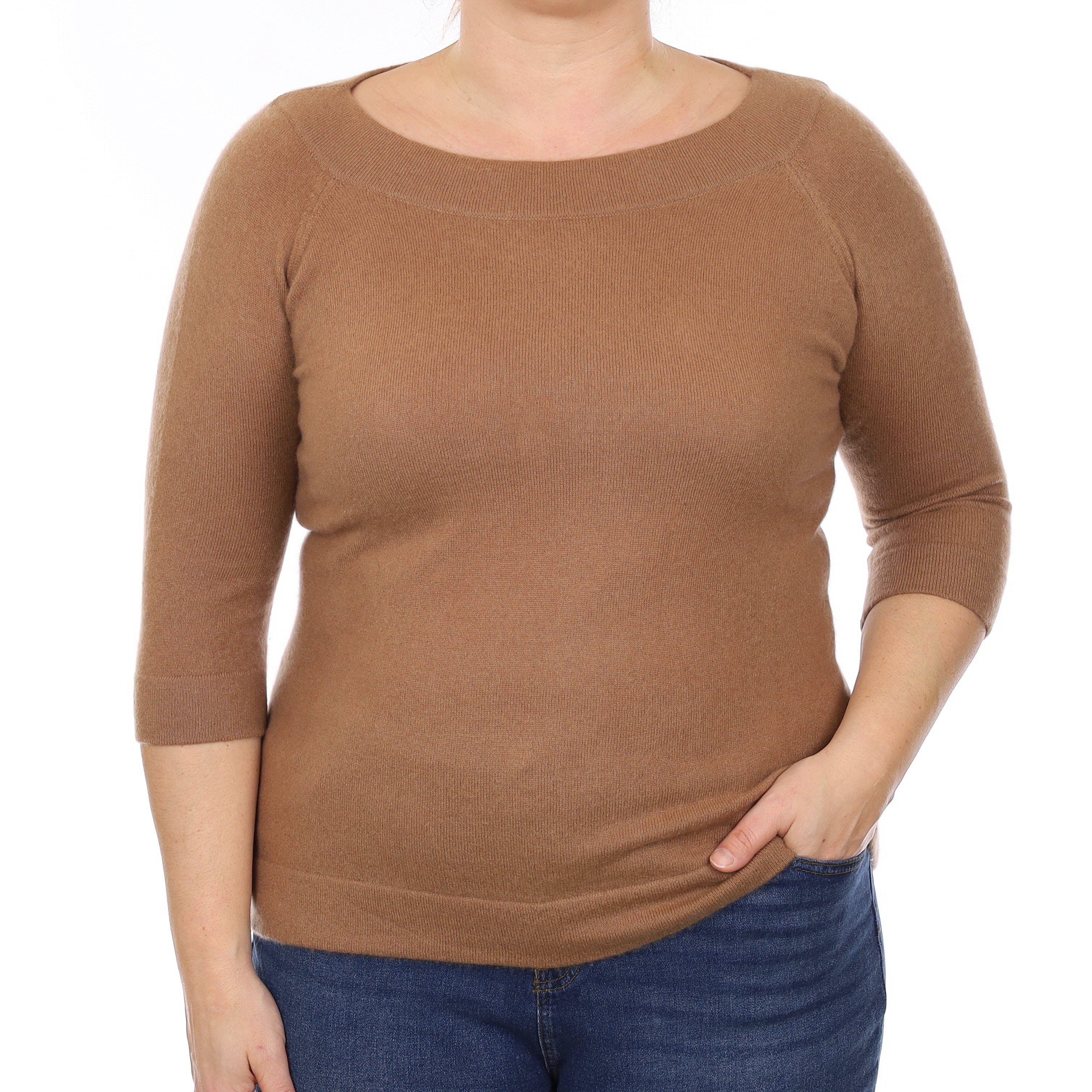 Toffee Brown Cashmere 3/4 Sleeve Boat Neck Jumper Large
