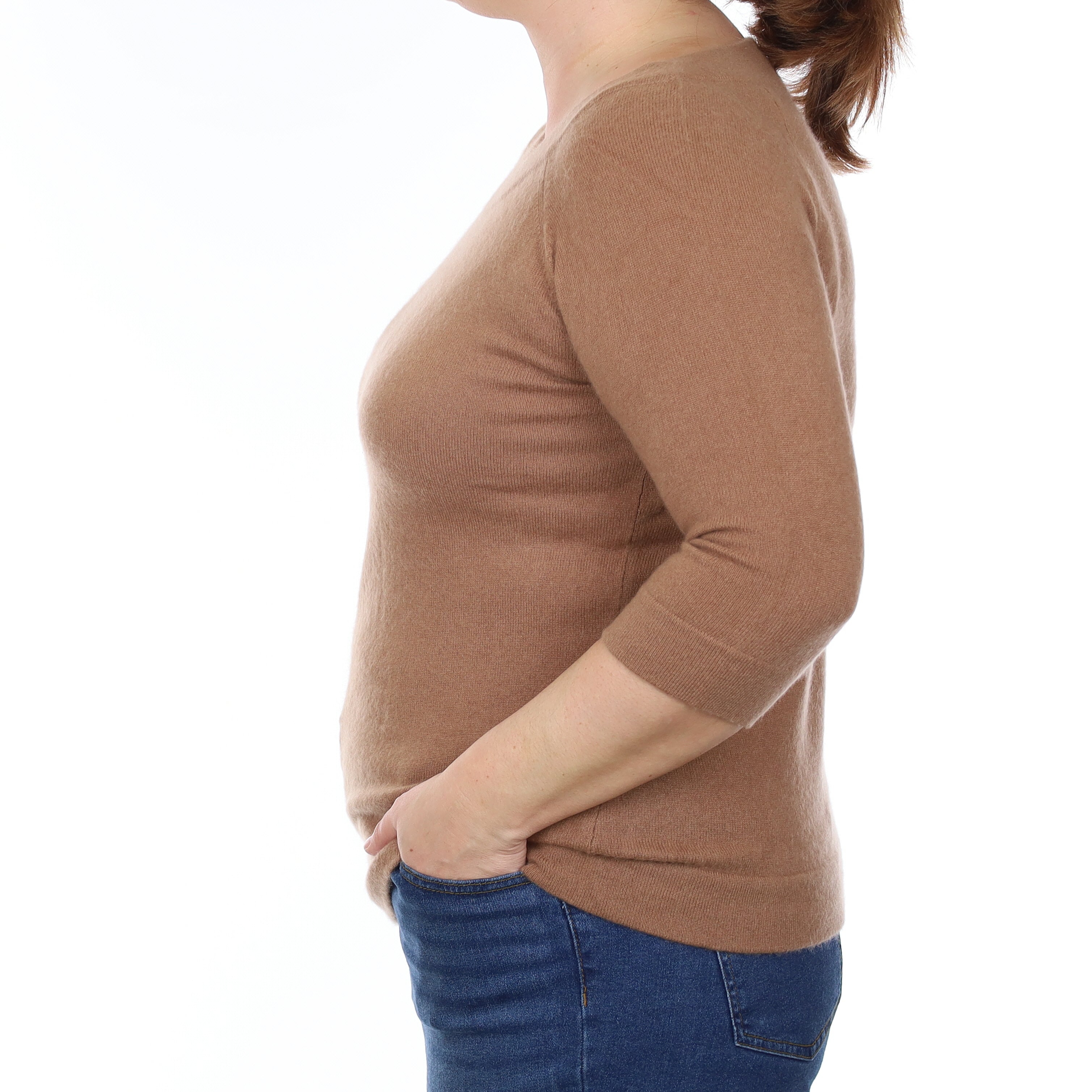 Toffee Brown Cashmere 3/4 Sleeve Boat Neck Jumper Large