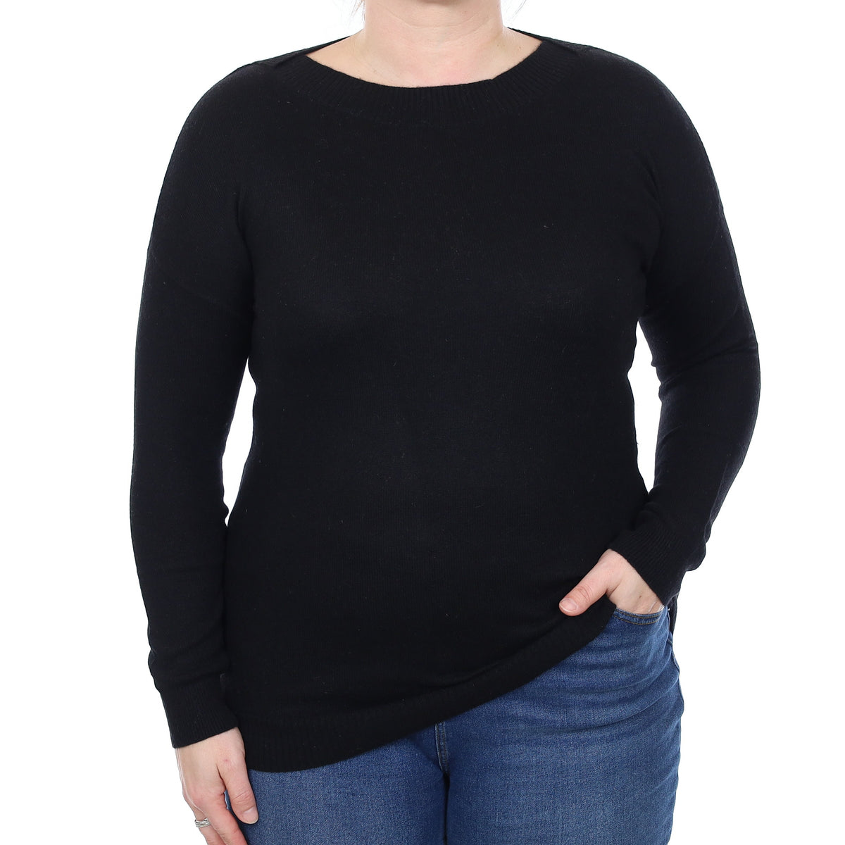 Black Longline Cashmere Crew Neck Jumper Large