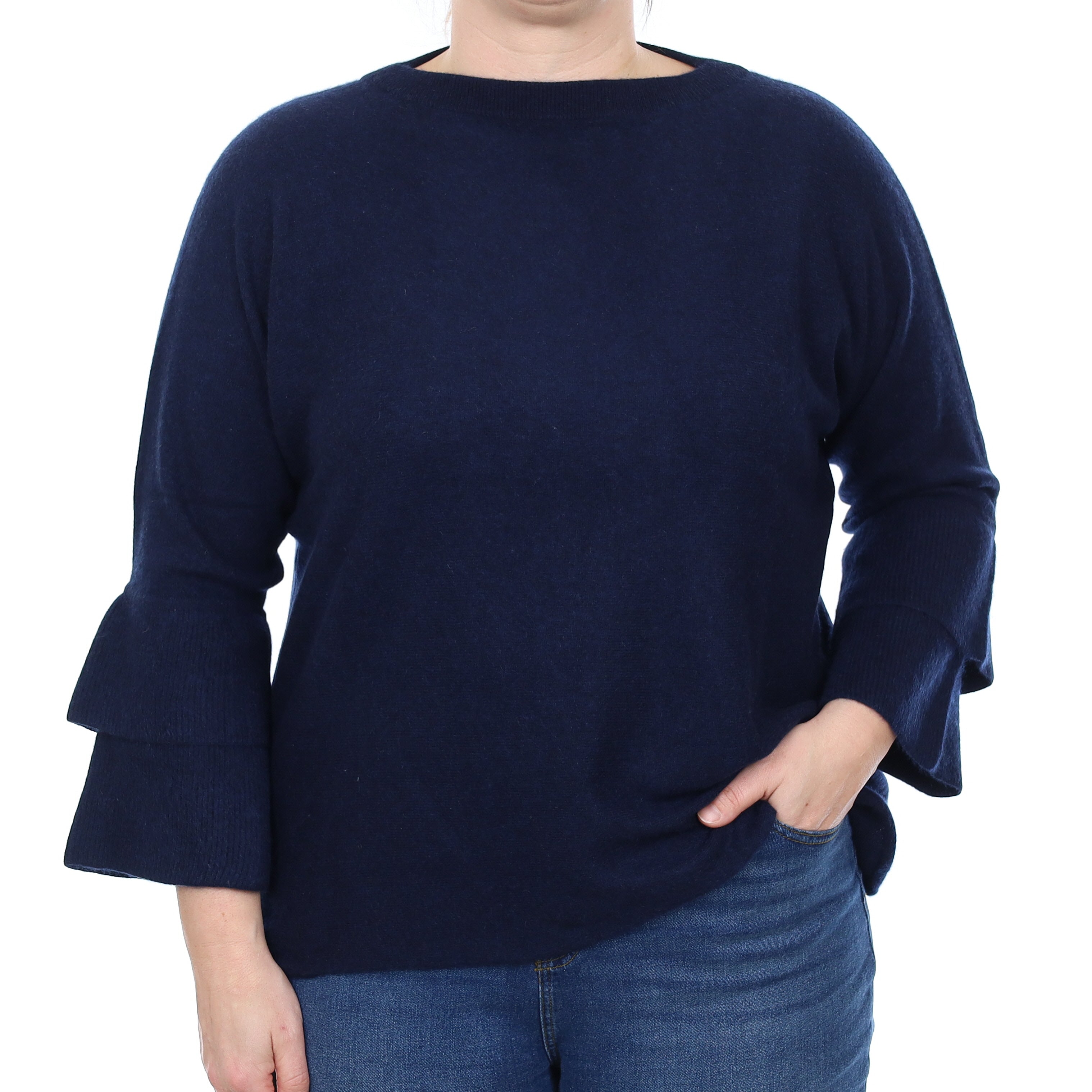 Dark Navy Flared Sleeve Cashmere Crew Neck Jumper Large
