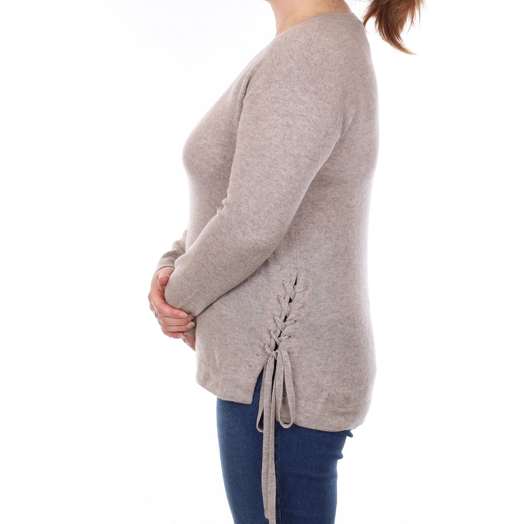 Fawn Lace Up Detail Cashmere Crew Neck Jumper Large