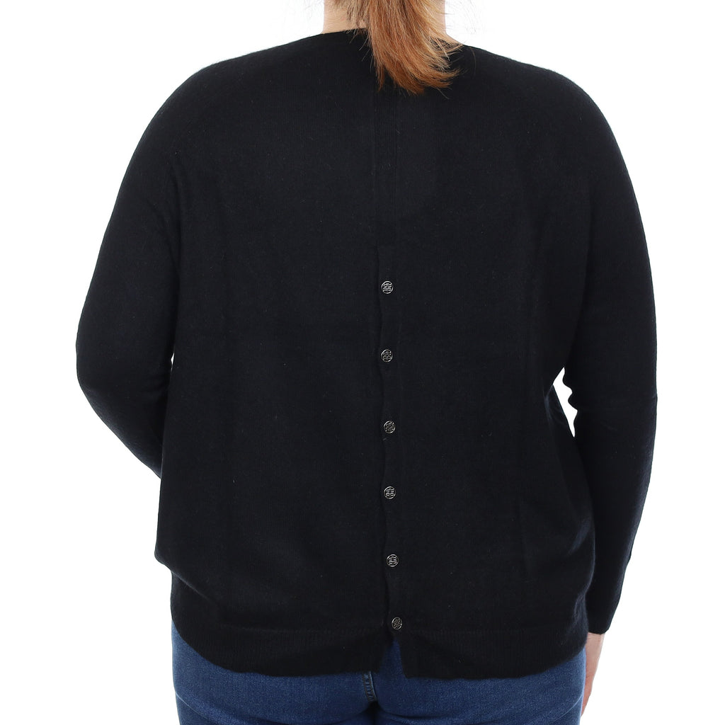 Black Cashmere Button Back Crew Neck Jumper Large