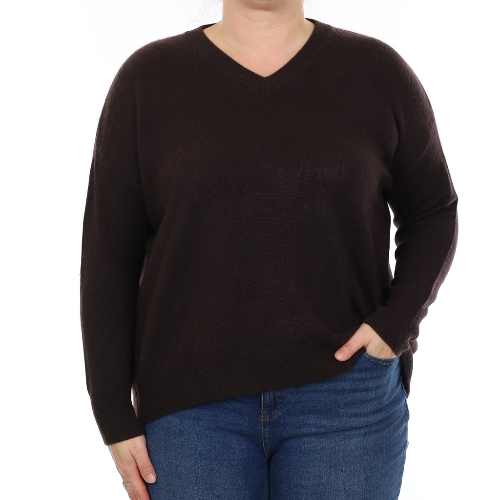 Dark Chocolate Heavy Knit Cashmere Slouchy V Neck Jumper Large