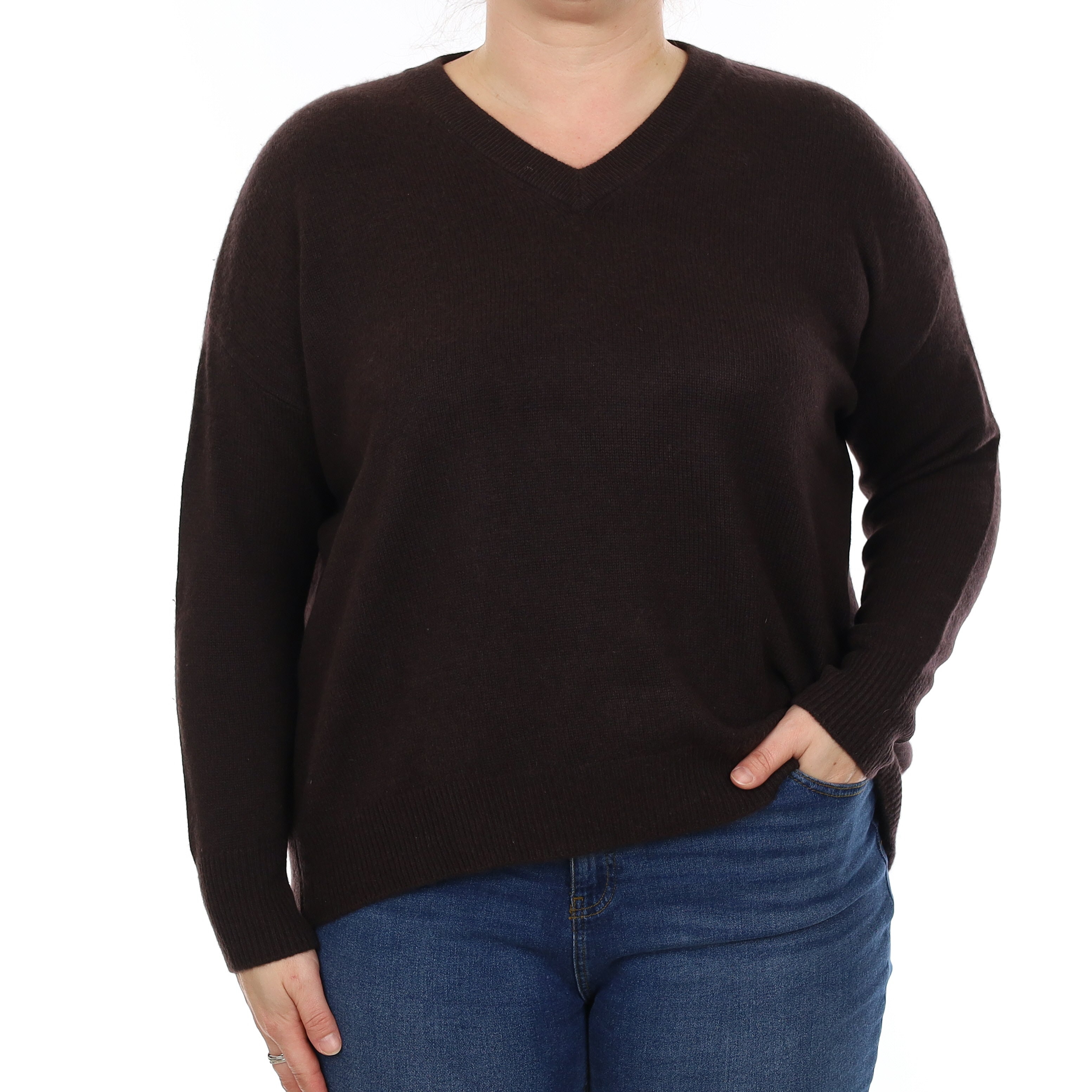 Dark Chocolate Heavy Knit Cashmere Slouchy V Neck Jumper Large