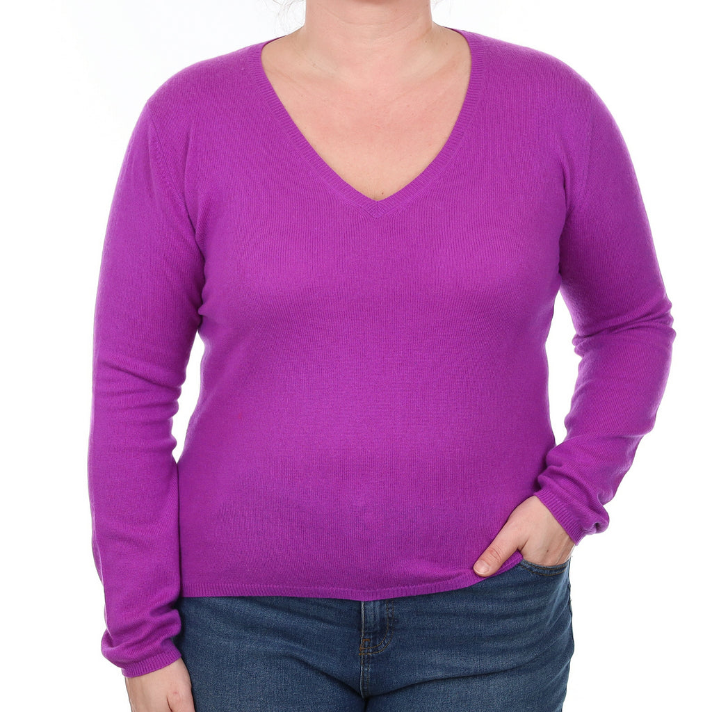 Magenta Purple Cashmere V Neck Jumper Large