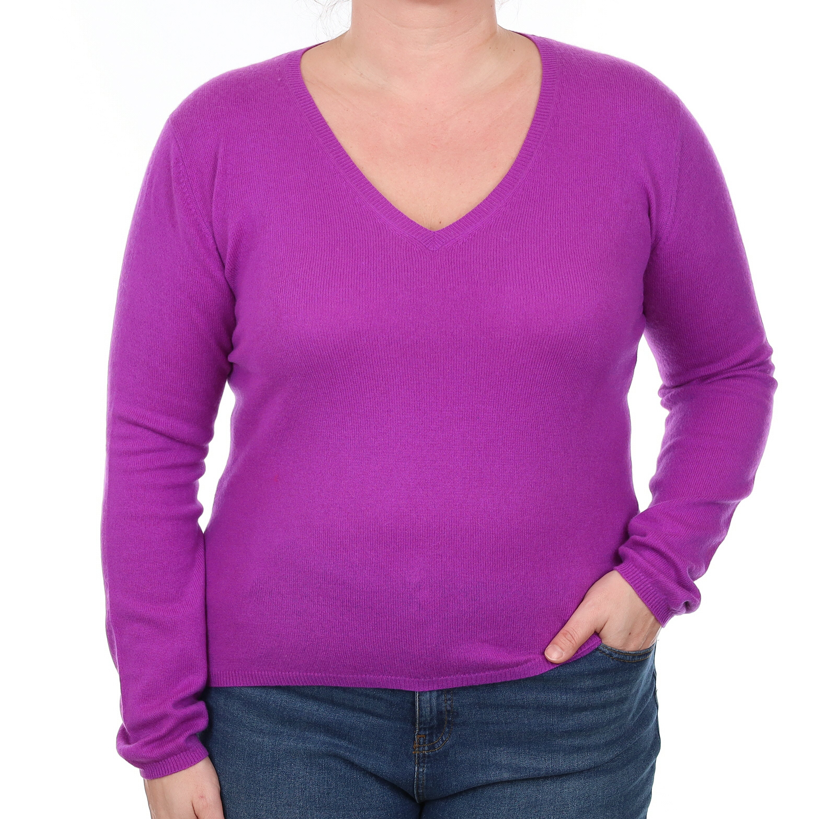 Magenta Purple Cashmere V Neck Jumper Large