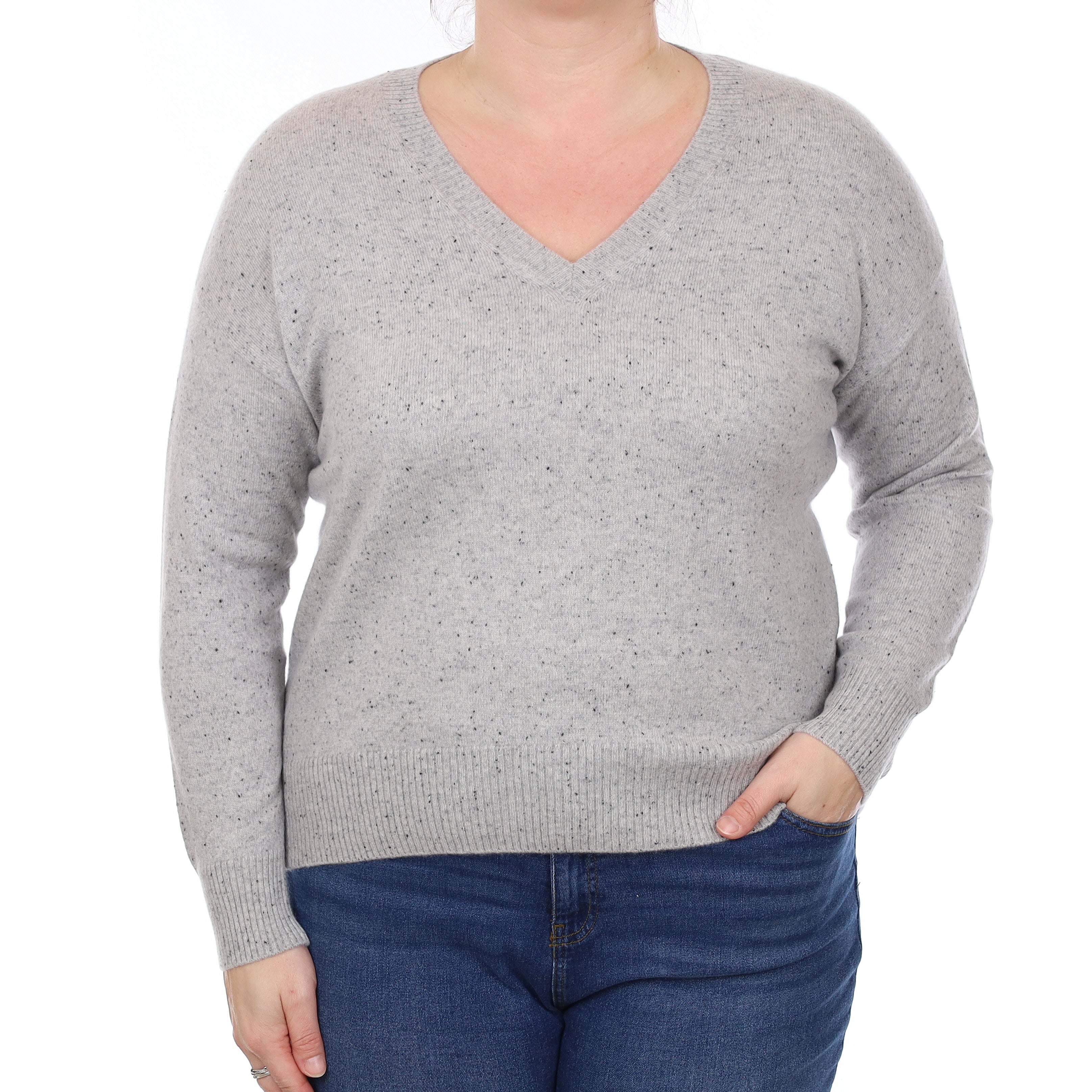 Grey Fleck Cashmere V Neck Jumper Large