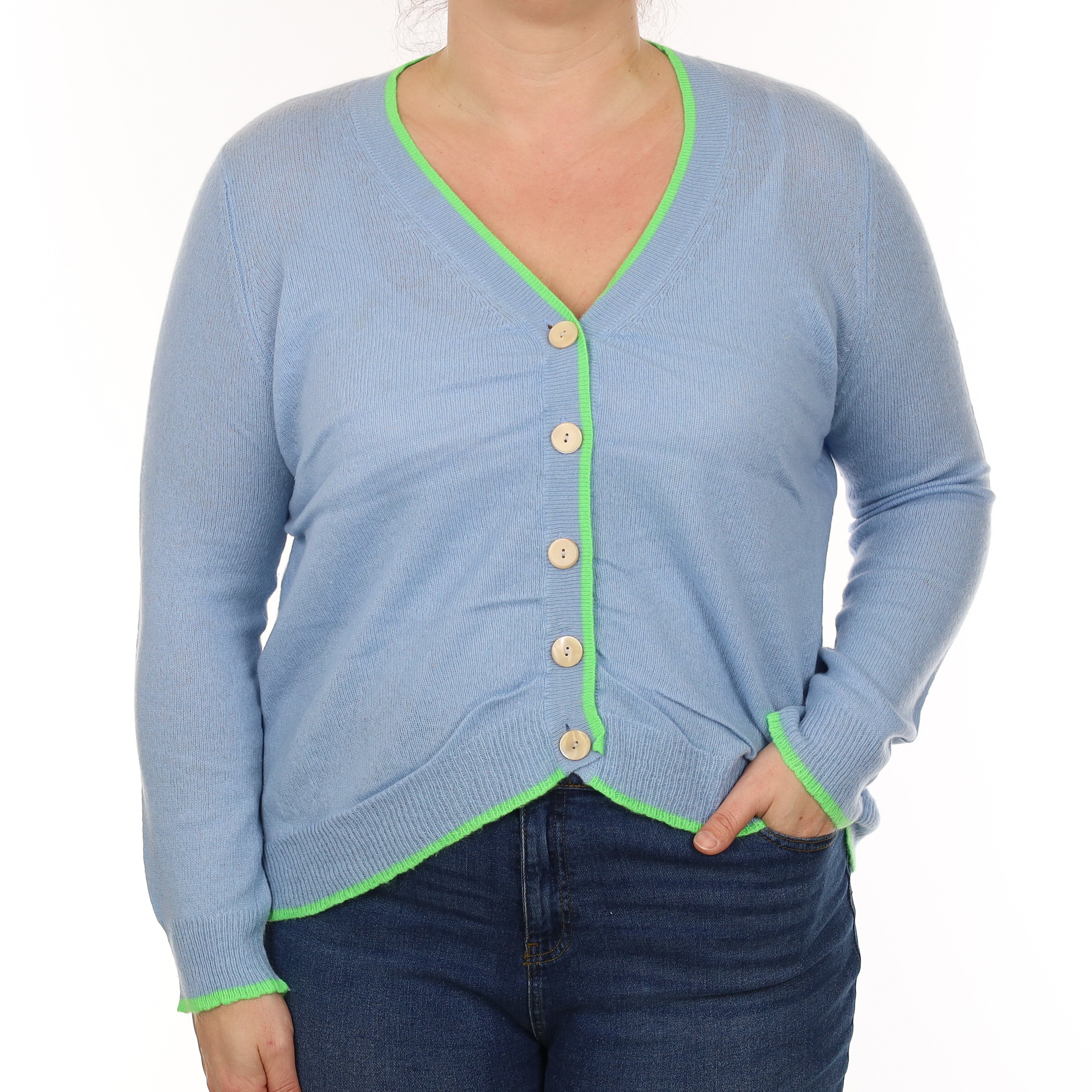 Blue and Neon Green Cashmere V Neck Cardigan Large
