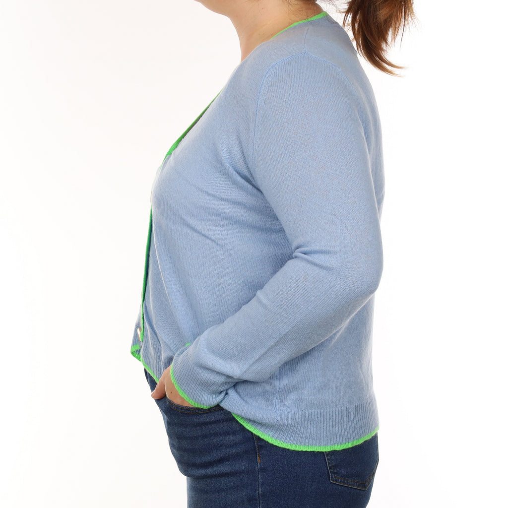 Blue and Neon Green Cashmere V Neck Cardigan Large