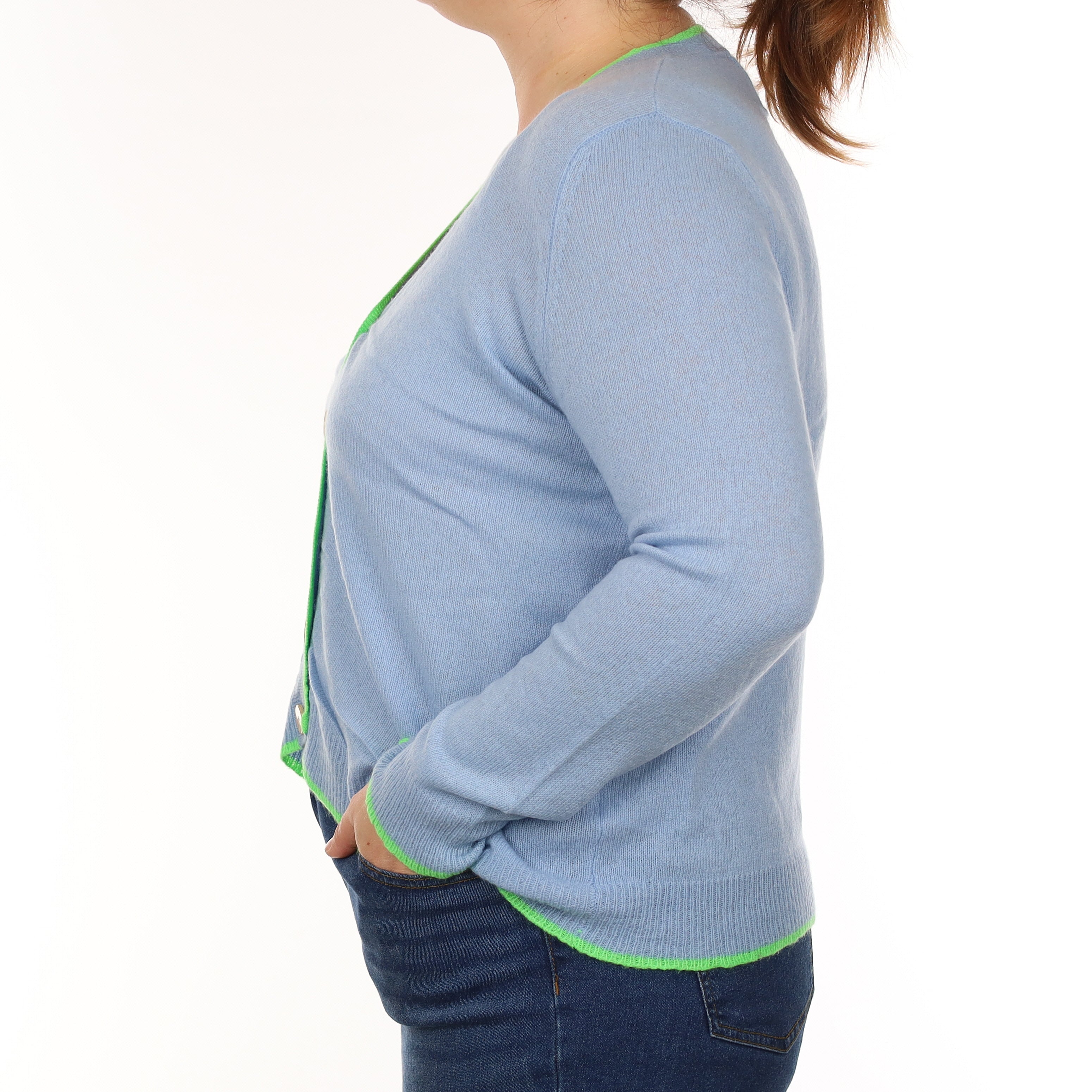 Blue and Neon Green Cashmere V Neck Cardigan Large