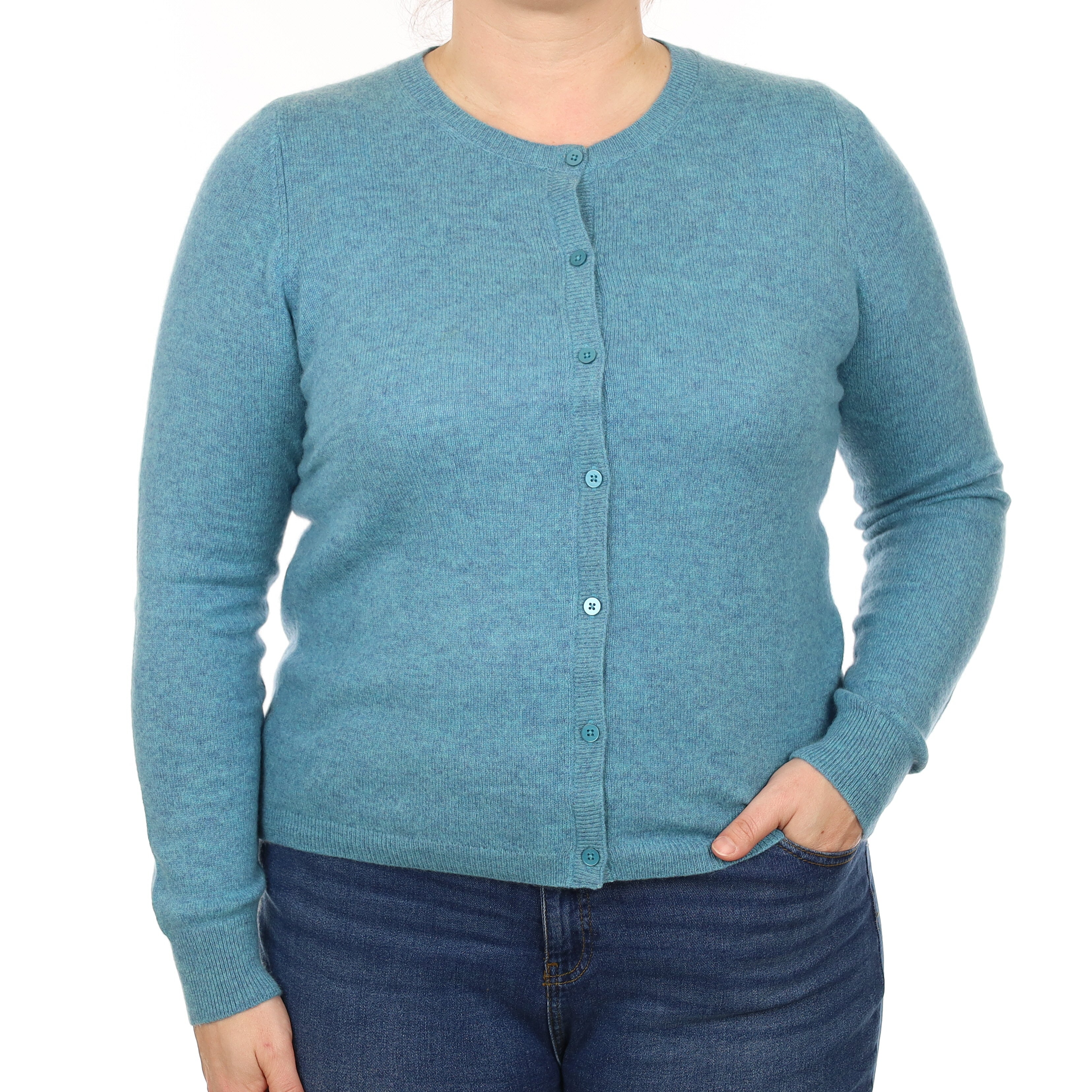 Aqua Blue Marl Cashmere Crew Neck Cardigan Large